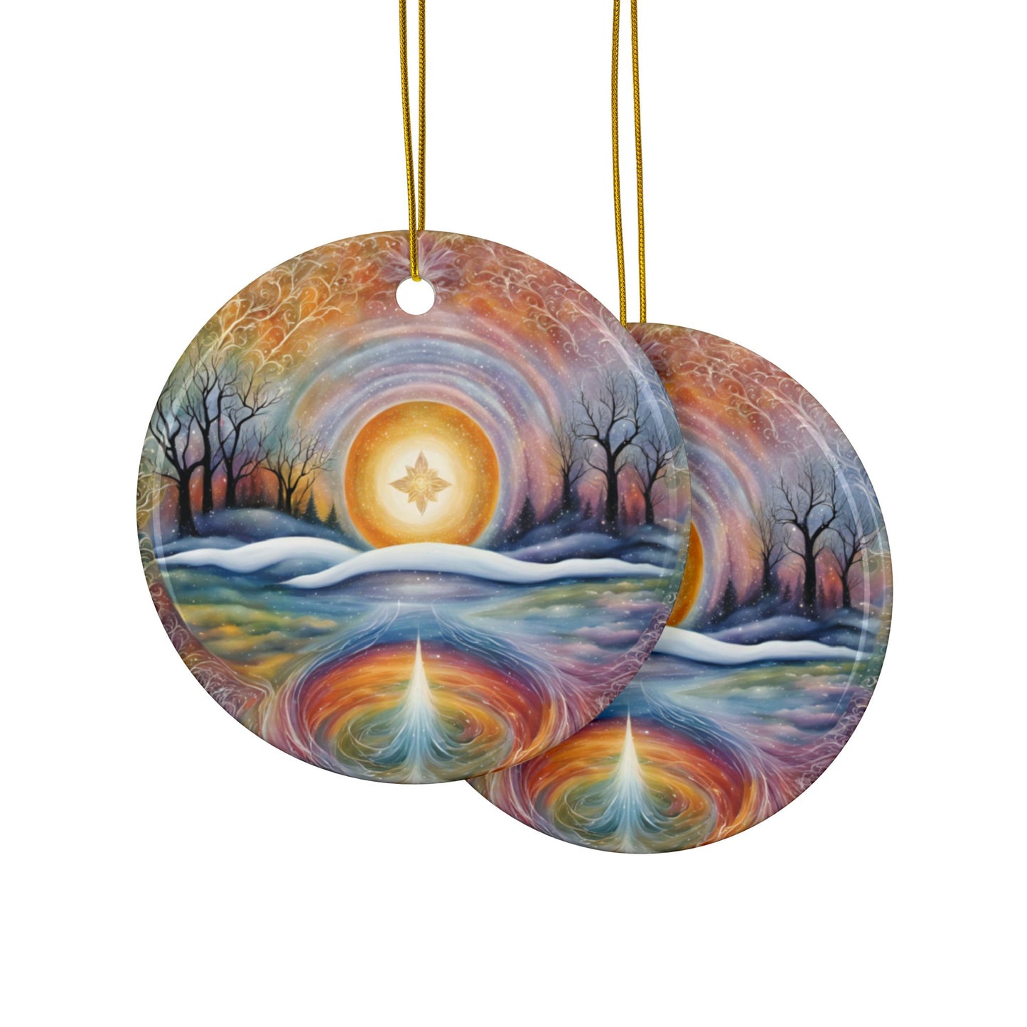 Abstract Winter Scene Ceramic Ornaments - 2-Sided Winter Spiritual Landscape, Tree Ornament, Holiday Decor, Home Decoration - Divine Mystic Moons