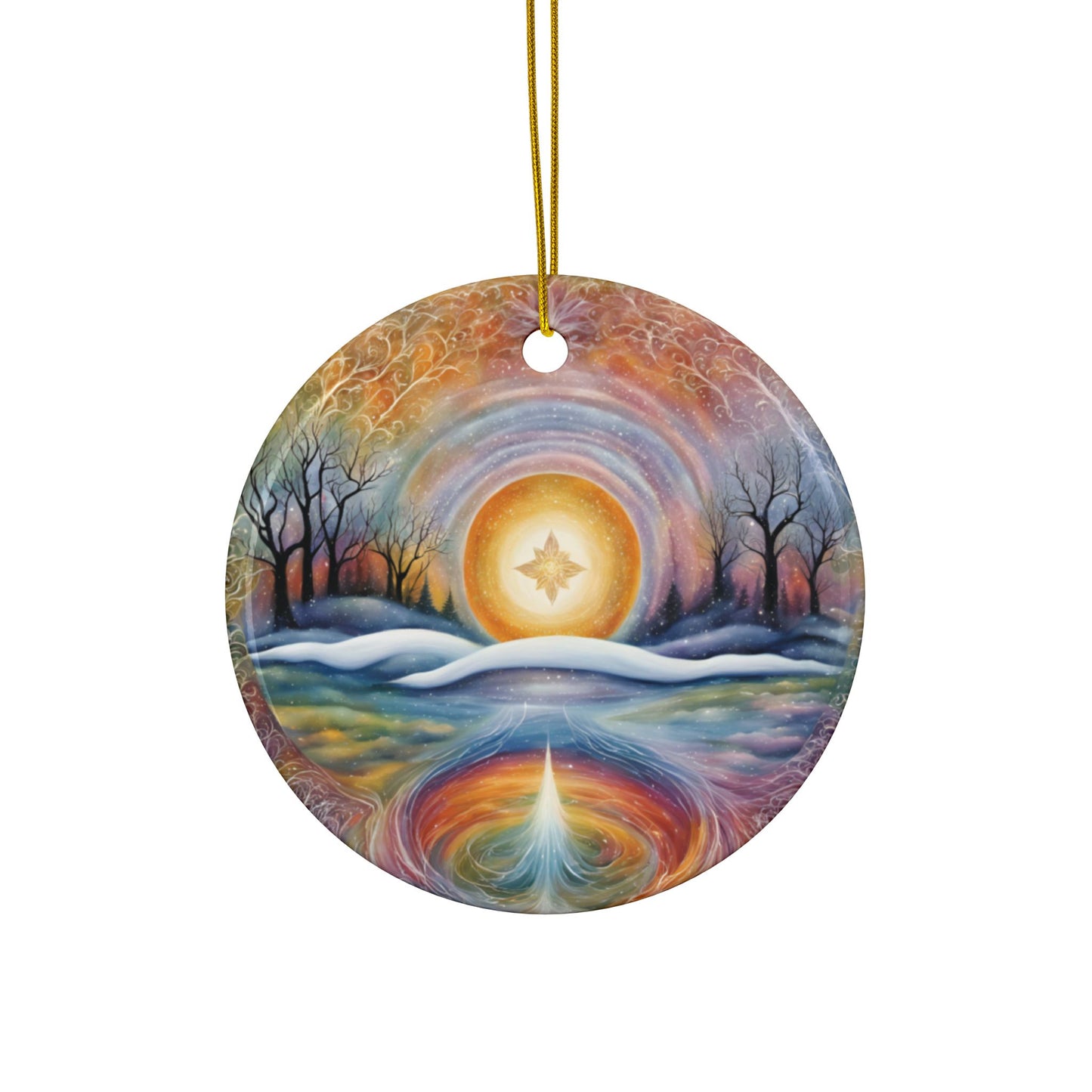 Abstract Winter Scene Ceramic Ornaments - 2-Sided Winter Spiritual Landscape, Tree Ornament, Holiday Decor, Home Decoration - Divine Mystic Moons