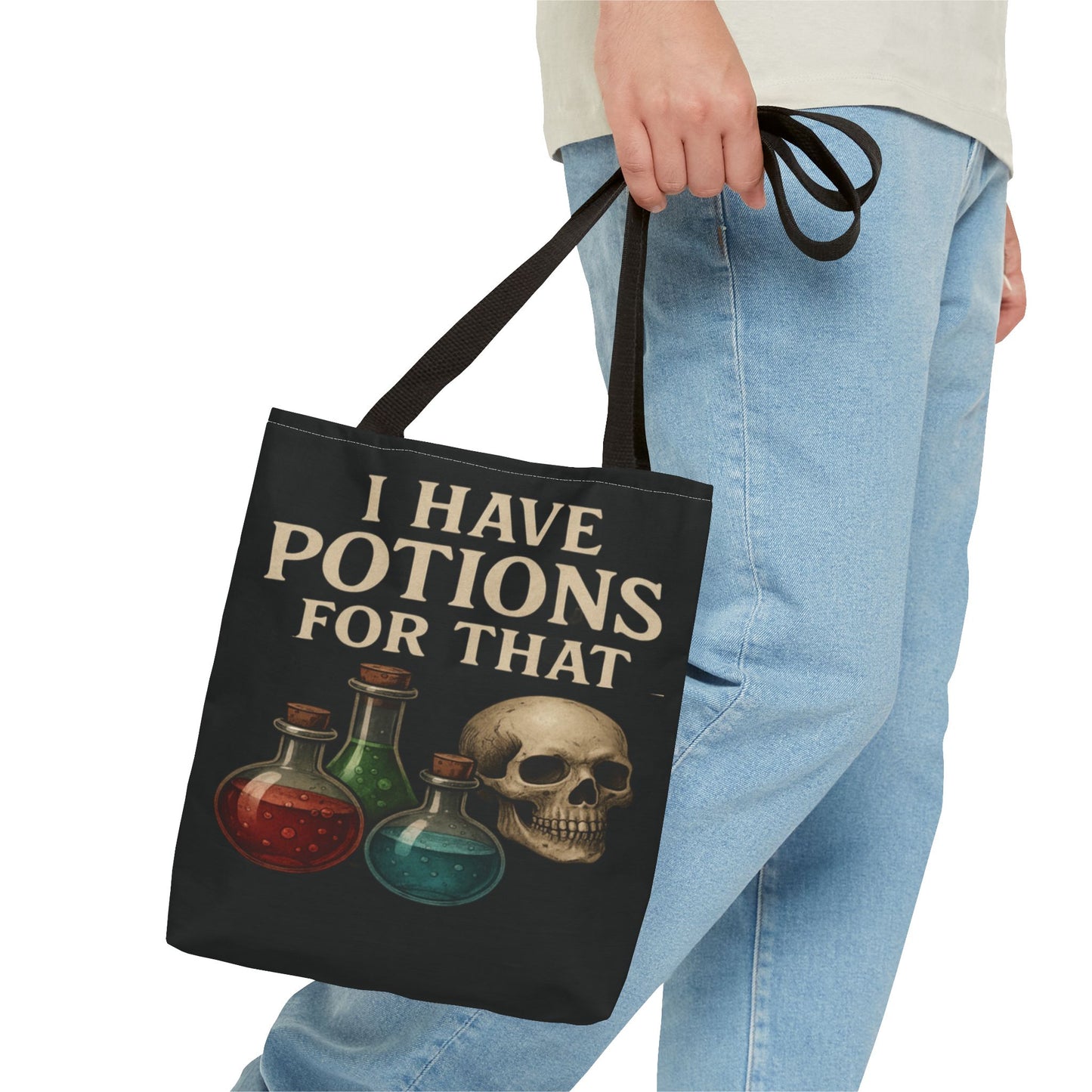 I Have Potions For That Witch Tote Bag Gothic Skull and Potion Bottle Purse, Spooky Witchy Market Bag, Halloween Pagan Gift - Divine Mystic Moons