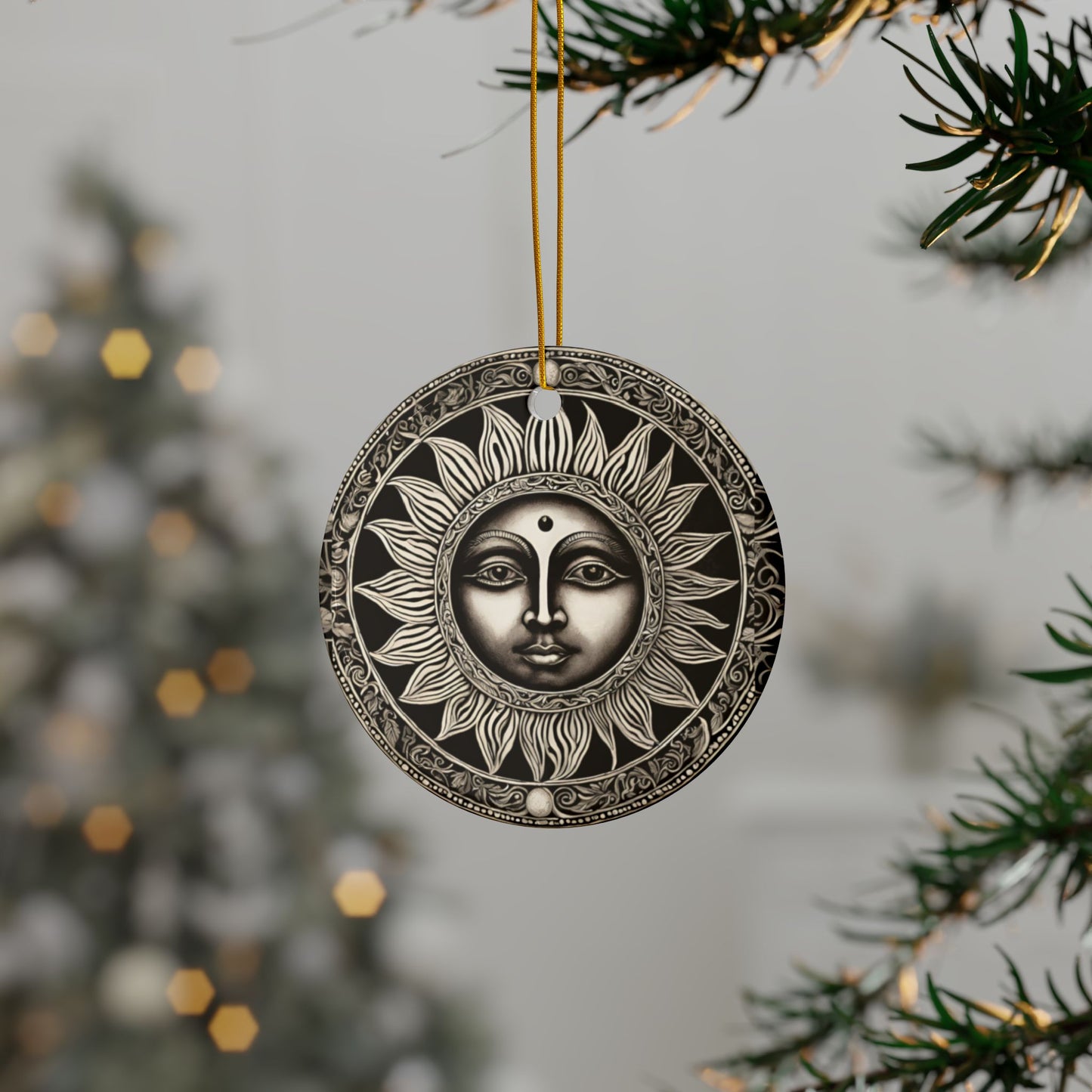 Monochrome Sun Face Celestial Ornament