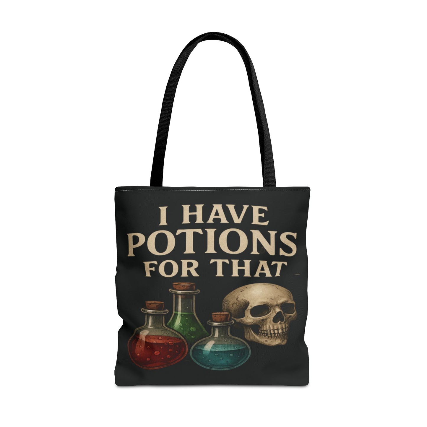 I Have Potions For That Witch Tote Bag Gothic Skull and Potion Bottle Purse, Spooky Witchy Market Bag, Halloween Pagan Gift - Divine Mystic Moons