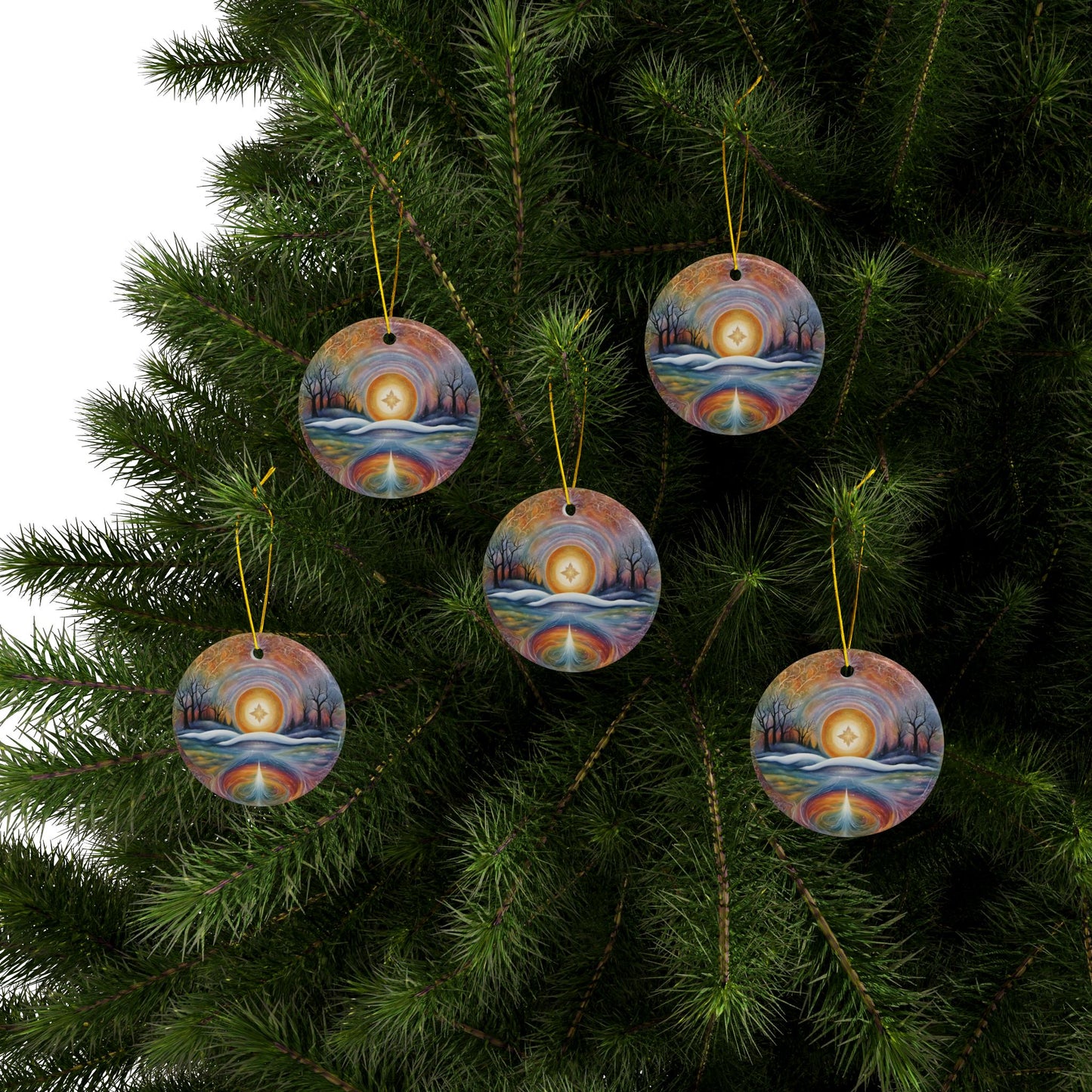 Abstract Winter Scene Ceramic Ornaments - 2-Sided Winter Spiritual Landscape, Tree Ornament, Holiday Decor, Home Decoration - Divine Mystic Moons