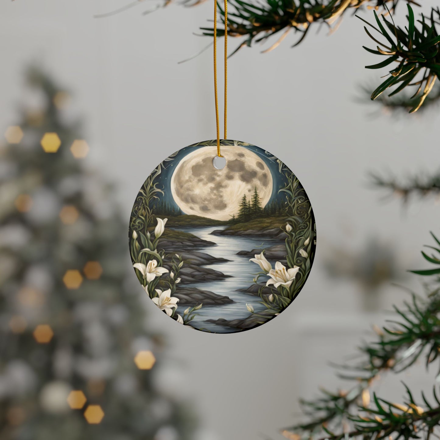 Moonlit River Ceramic Ornaments, 2-sided Moon Ornament Water Lily Hanging Decoration Pagan Holiday Tree Ornament Celestial Home Decor" - Divine Mystic Moons