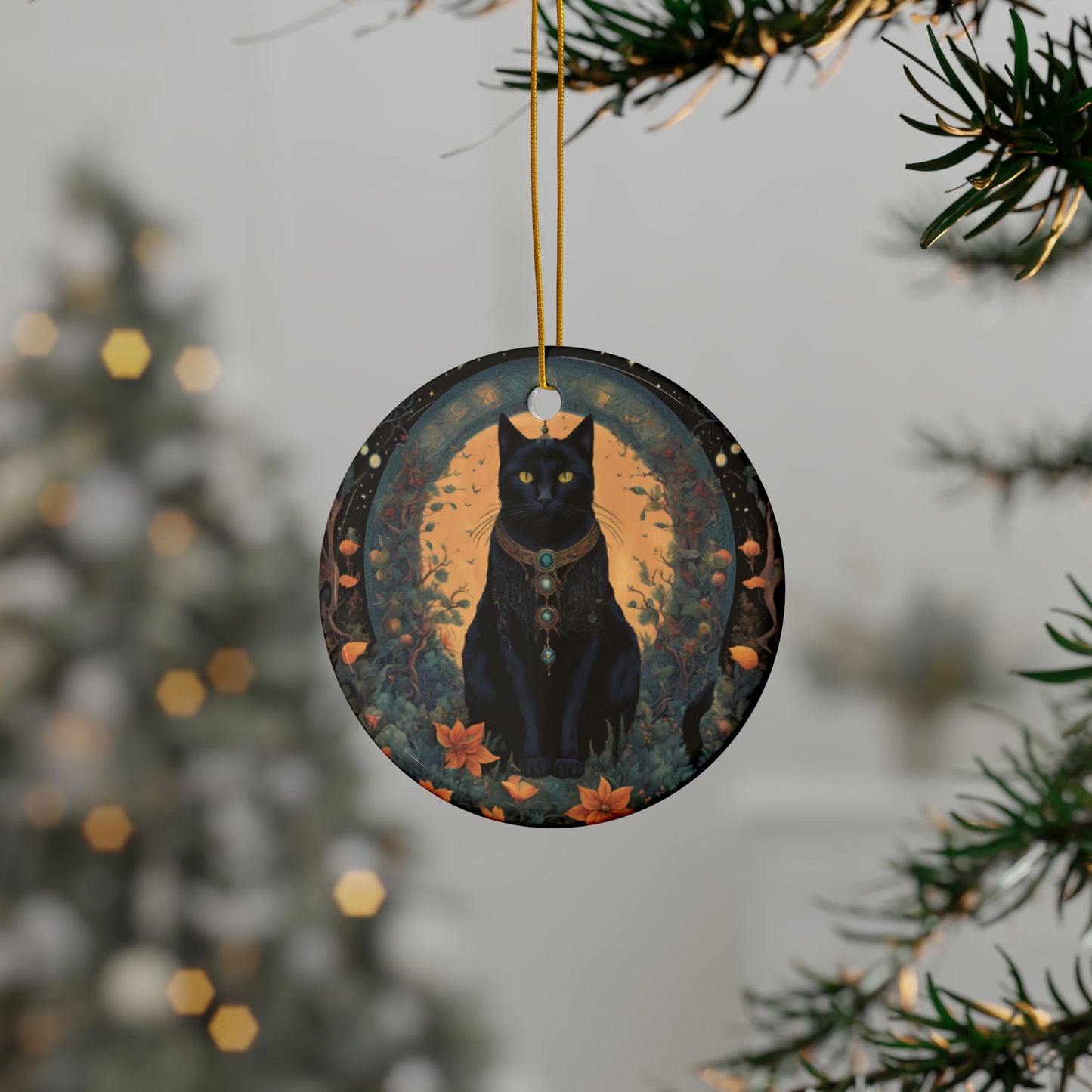 Jeweled Black Cat & Autumn Botanical Ornament