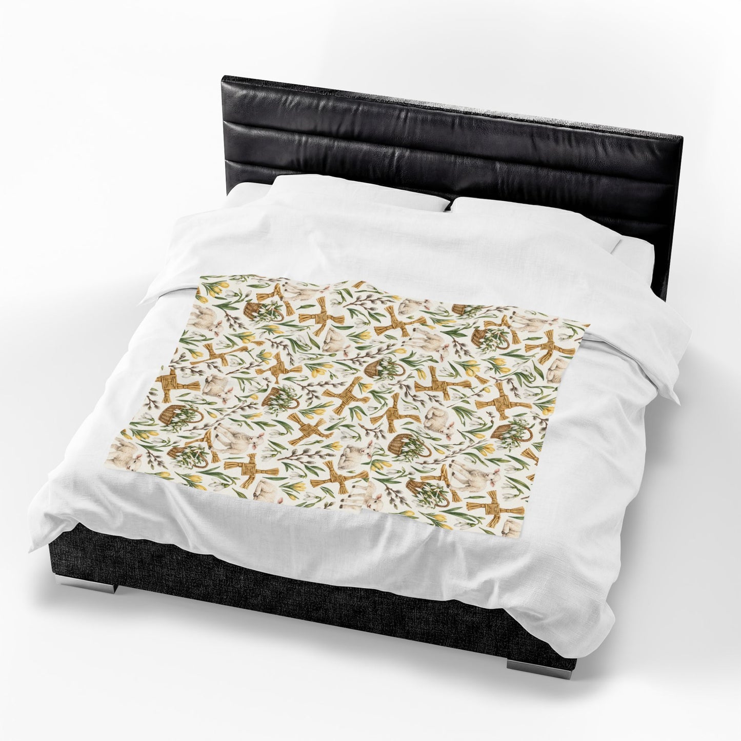Imbolc Lamb & Brigid’s Cross Velveteen Plush Throw | Lightweight Snowdrop Blanket