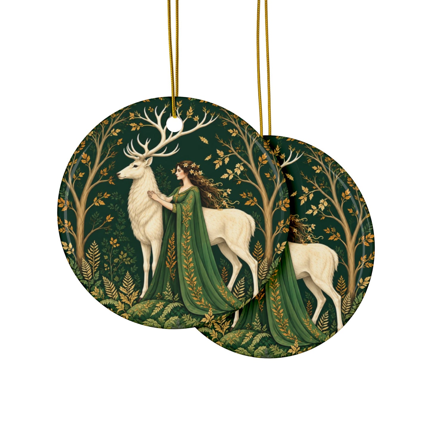 White Stag & Woodland Maiden Green Witch Ornament