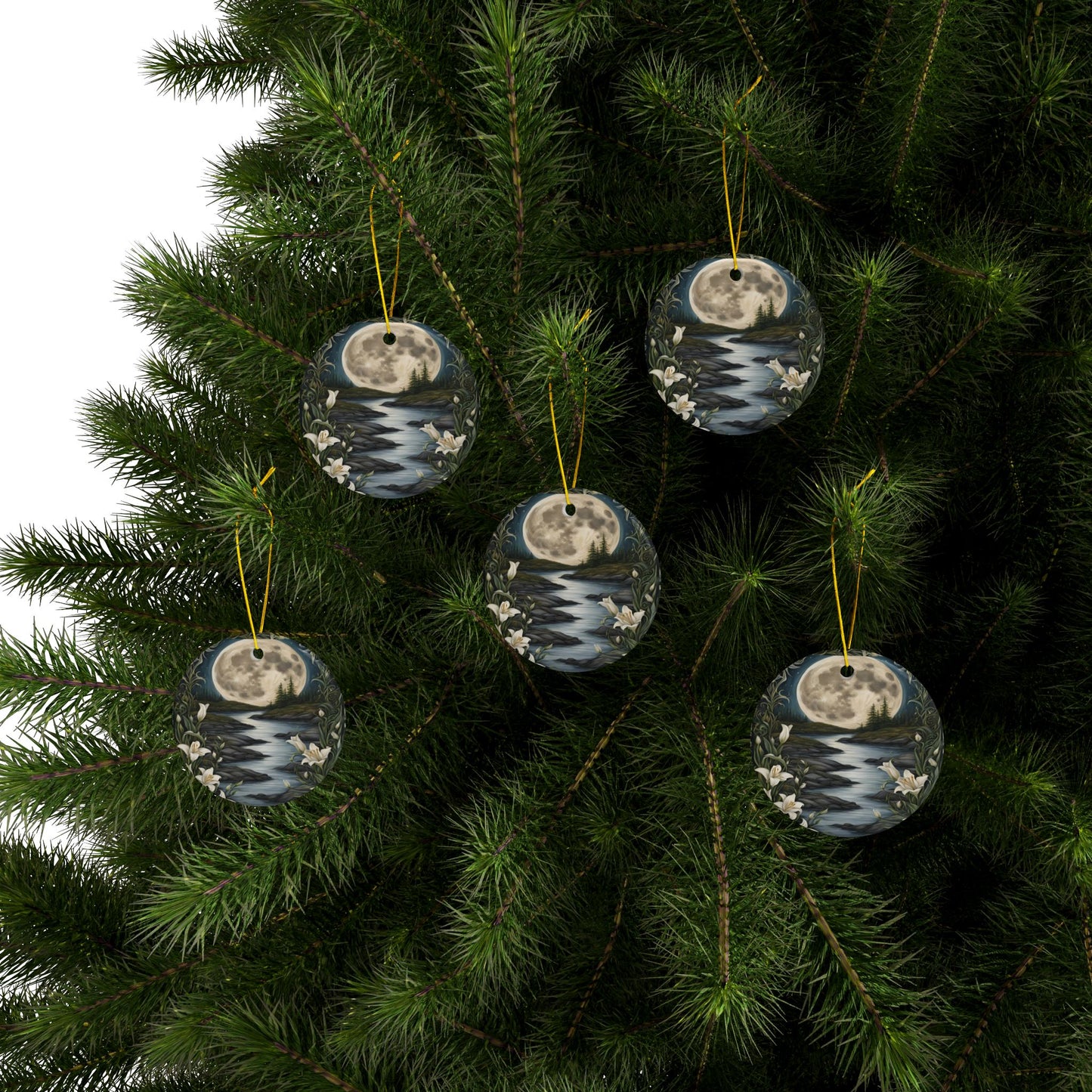 Moonlit River Ceramic Ornaments, 2-sided Moon Ornament Water Lily Hanging Decoration Pagan Holiday Tree Ornament Celestial Home Decor" - Divine Mystic Moons