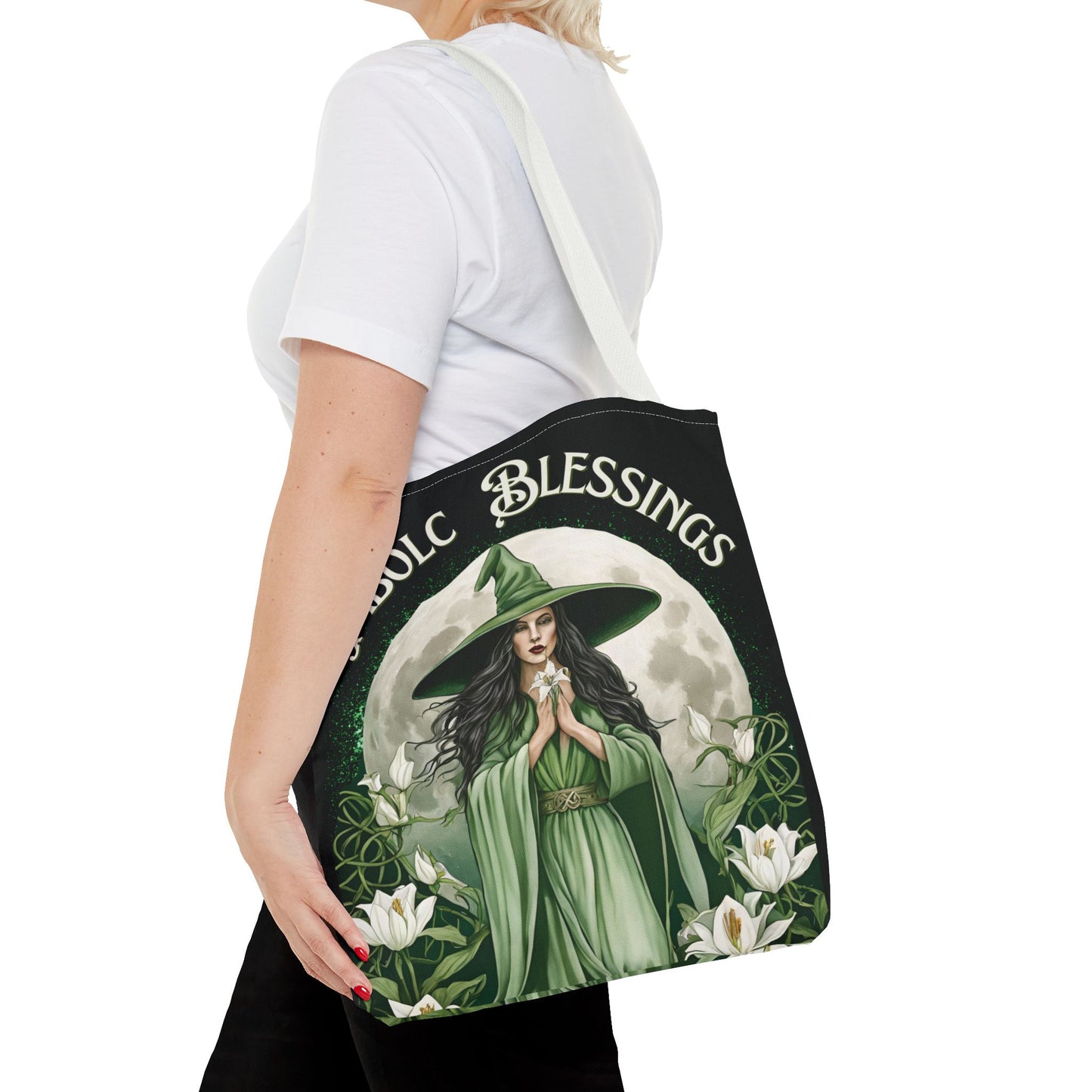 Imbolc Blessings Tote Bag, Wiccan Gift, Witchy Style Bag, Green Witch Shopping Tote, Wheel of the Year, Blessed Be - Divine Mystic Moons