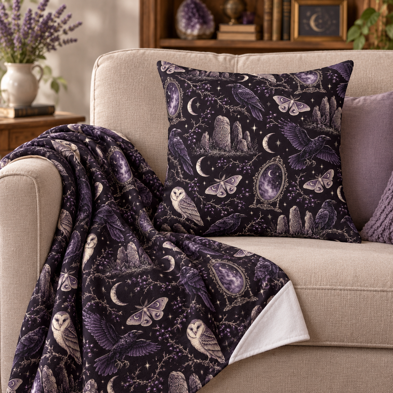 Gothic Raven & Owl Faux Suede Pillow – Purple Moon and Moth Witchy Decor
