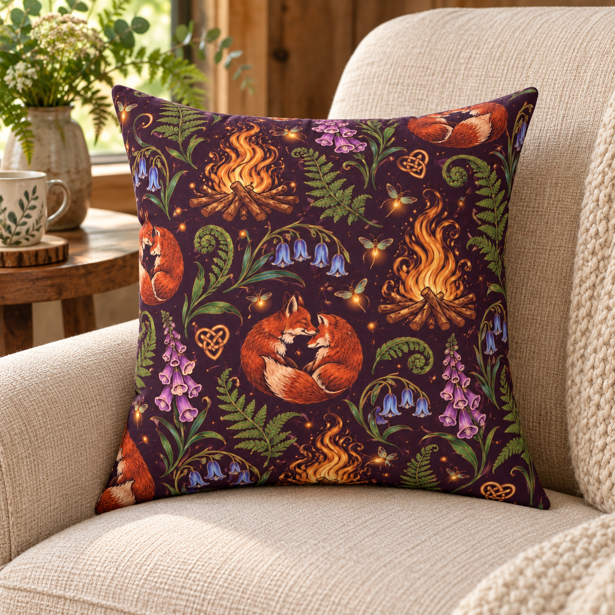Beltane Fox & Bonfire Faux Suede Pillow – Purple Woodland Witch Decor