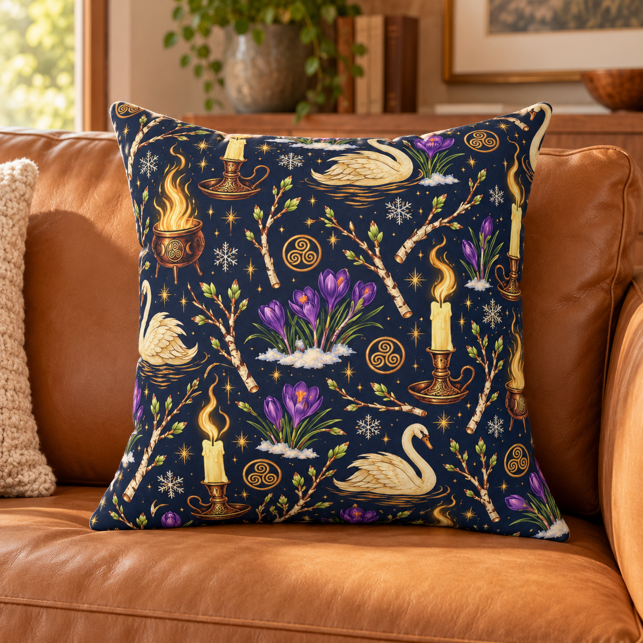 Imbolc Swan & Crocus Faux Suede Pillow – Candlelit Pagan Spring Decor