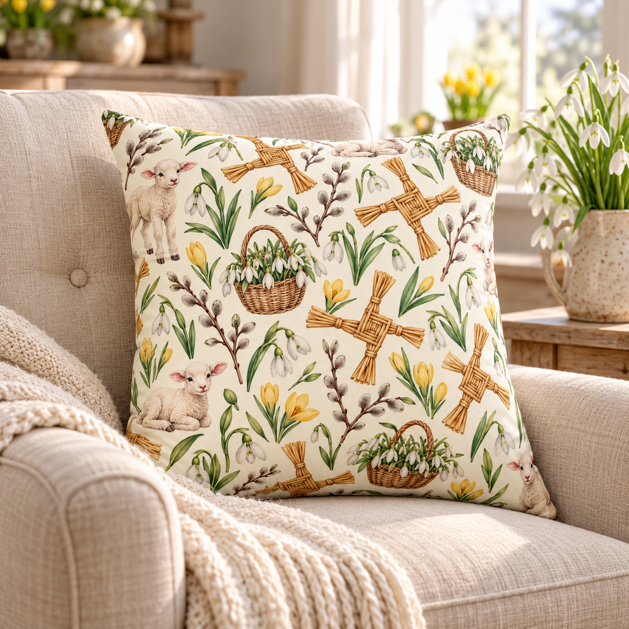 Imbolc Lamb & Brigid’s Cross Faux Suede Pillow | Snowdrop Spring Decor