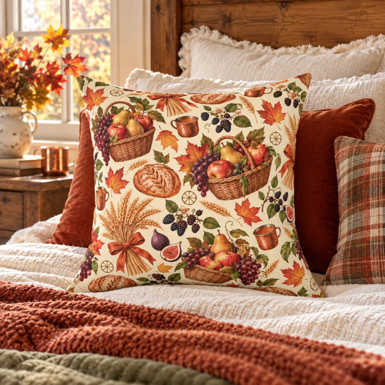 Mabon Harvest Basket Faux Suede Pillow | Autumn Equinox Pagan Decor