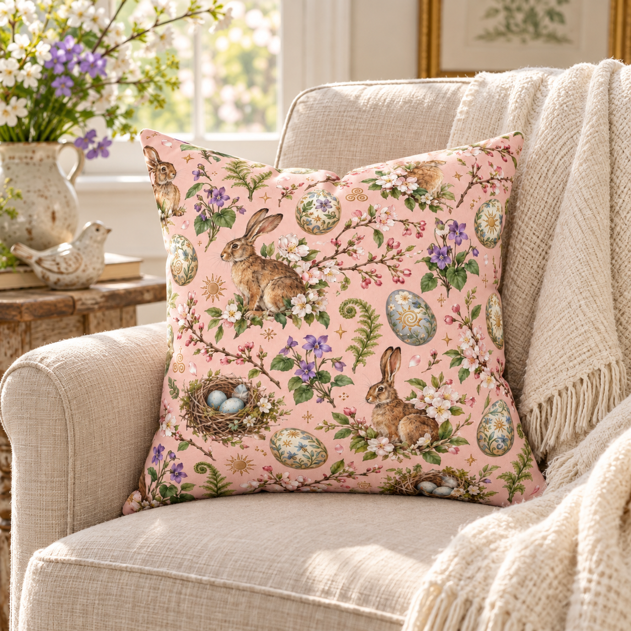Ostara Rabbit & Spring Egg Faux Suede Pillow | Pink Spring Equinox Decor