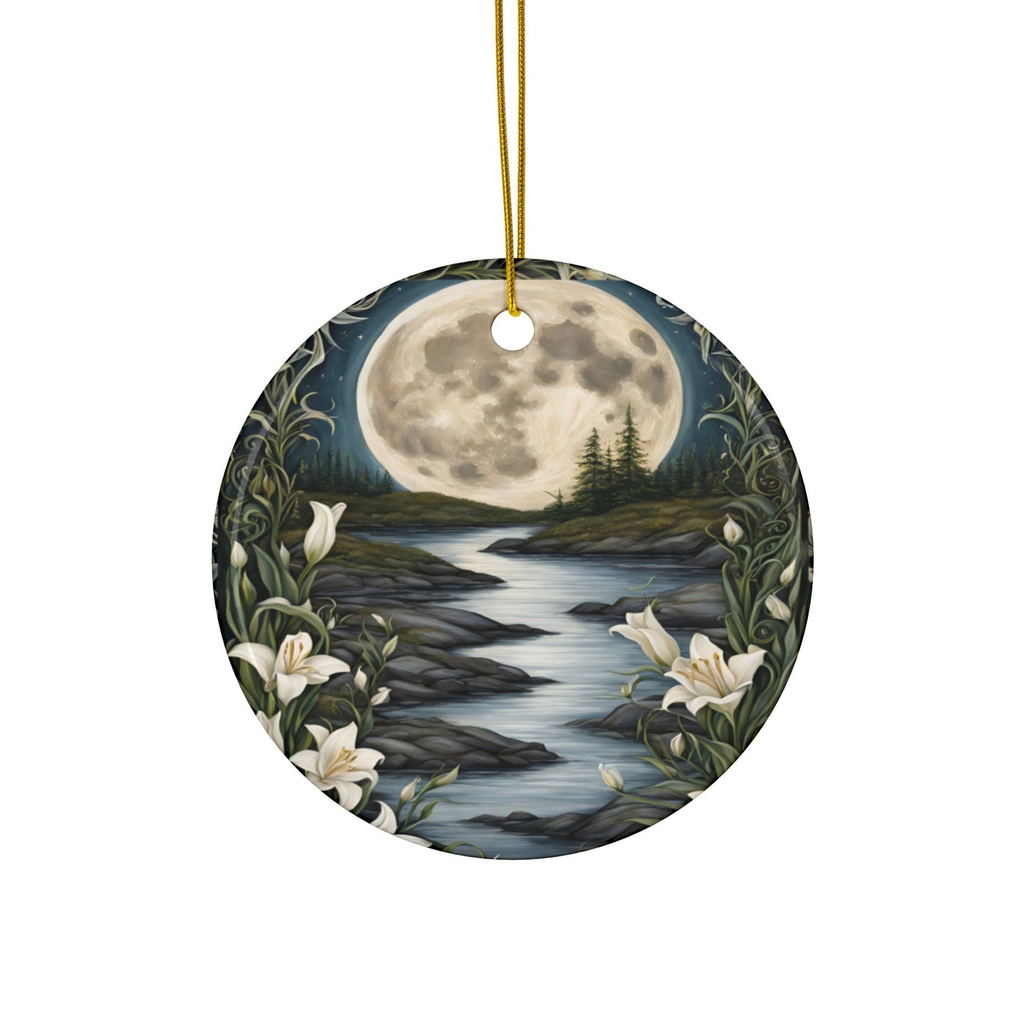 Full Moon River & White Lily Ornament