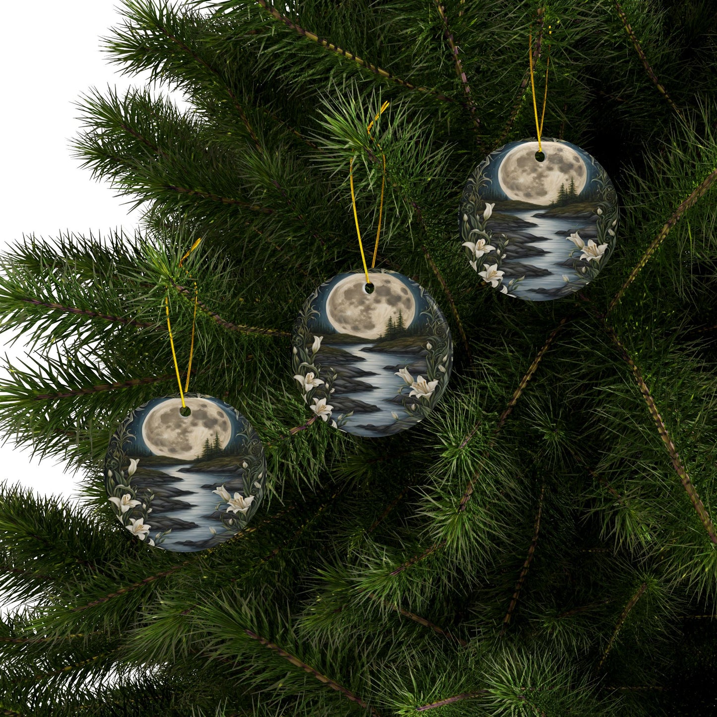 Moonlit River Ceramic Ornaments, 2-sided Moon Ornament Water Lily Hanging Decoration Pagan Holiday Tree Ornament Celestial Home Decor" - Divine Mystic Moons