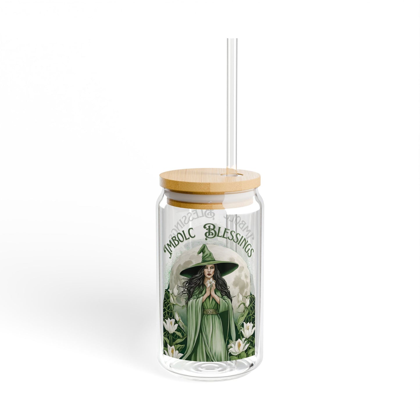 Imbolc Blessings Witchy Glass Cup – 16oz Tumbler with Bamboo Lid & Glass Straw Wheel of the Year Drinkware, Perfect for Pagans Wiccans Green Witch