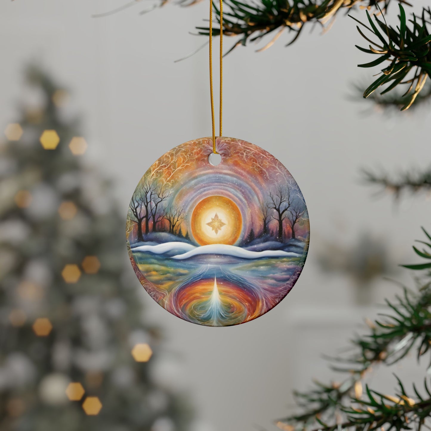 Abstract Winter Scene Ceramic Ornaments - 2-Sided Winter Spiritual Landscape, Tree Ornament, Holiday Decor, Home Decoration - Divine Mystic Moons