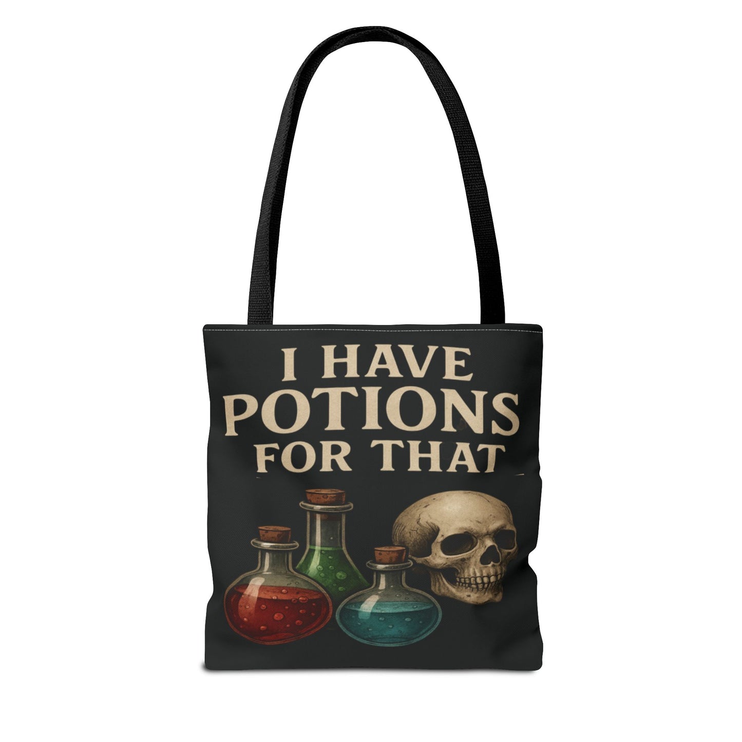 I Have Potions For That Witch Tote Bag Gothic Skull and Potion Bottle Purse, Spooky Witchy Market Bag, Halloween Pagan Gift - Divine Mystic Moons