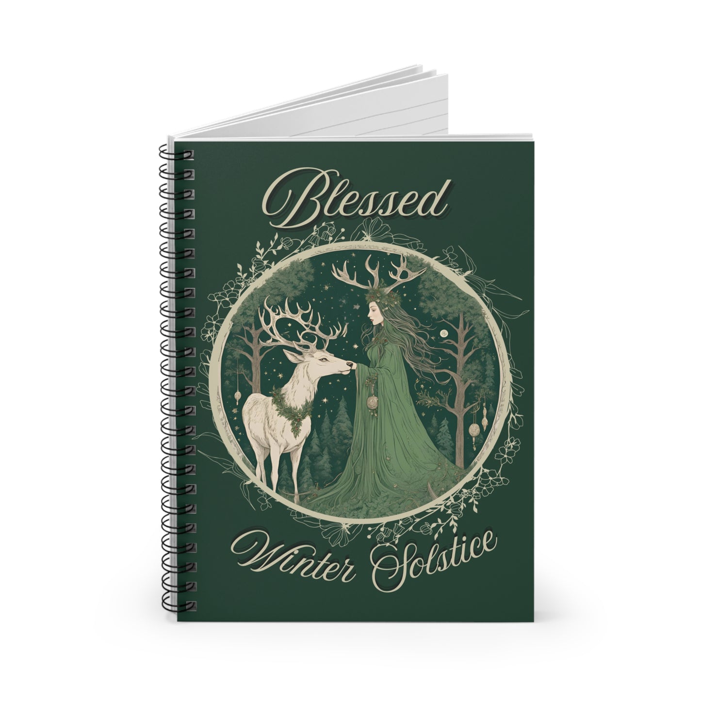 Blessed Winter Solstice Notebook – Yule Spiral Journal with Forest Goddess & Stag, Pagan Witch Sabbat Planner, Wiccan Grimoire Gift - Divine Mystic Moons