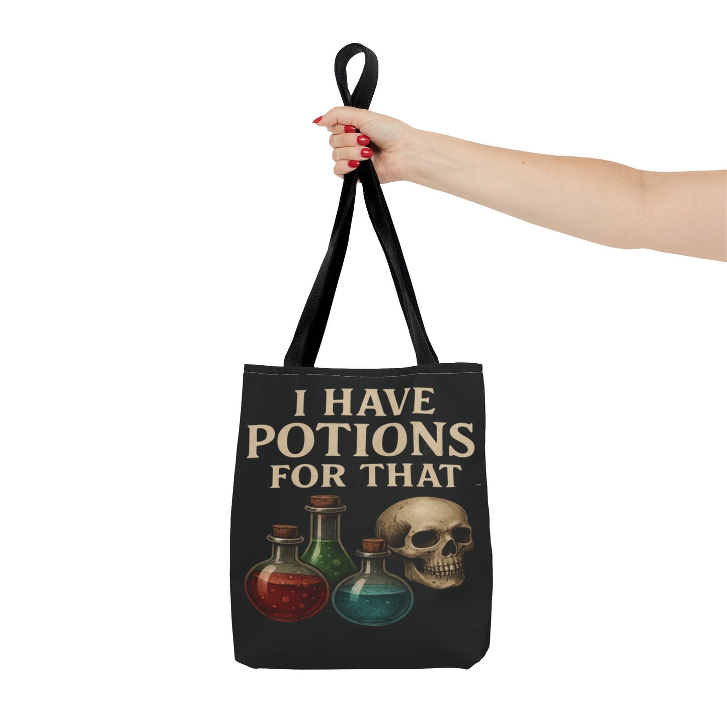 I Have Potions For That Witch Tote Bag Gothic Skull and Potion Bottle Purse, Spooky Witchy Market Bag, Halloween Pagan Gift - Divine Mystic Moons