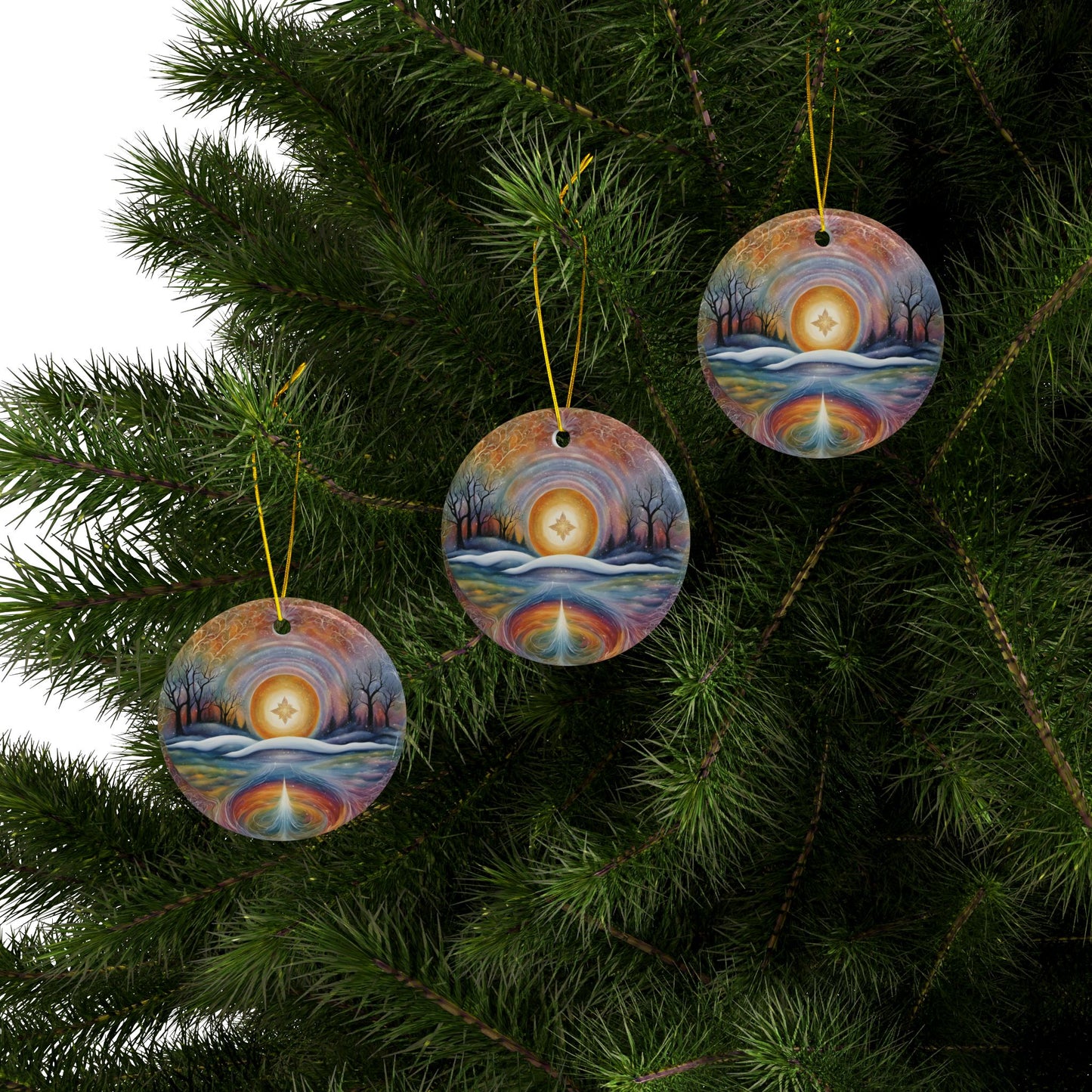Abstract Winter Scene Ceramic Ornaments - 2-Sided Winter Spiritual Landscape, Tree Ornament, Holiday Decor, Home Decoration - Divine Mystic Moons