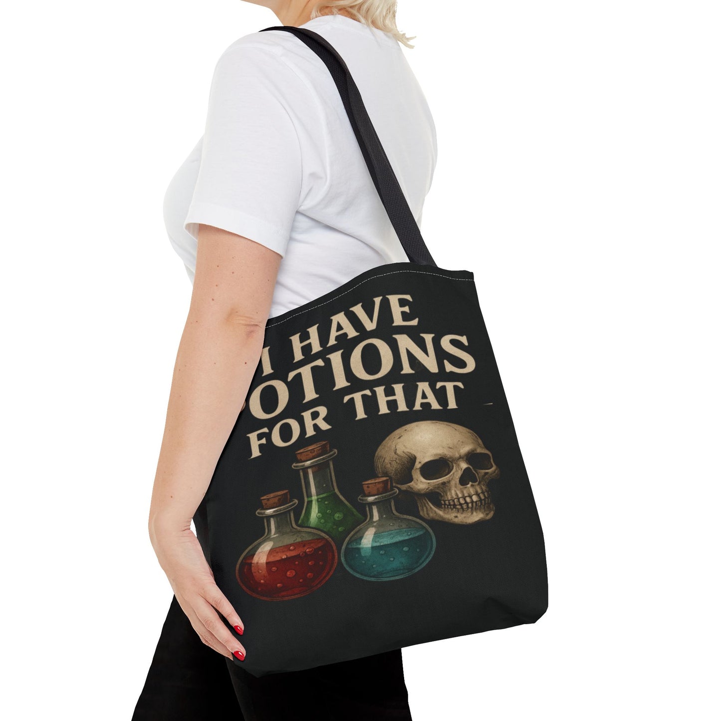 I Have Potions For That Witch Tote Bag Gothic Skull and Potion Bottle Purse, Spooky Witchy Market Bag, Halloween Pagan Gift - Divine Mystic Moons