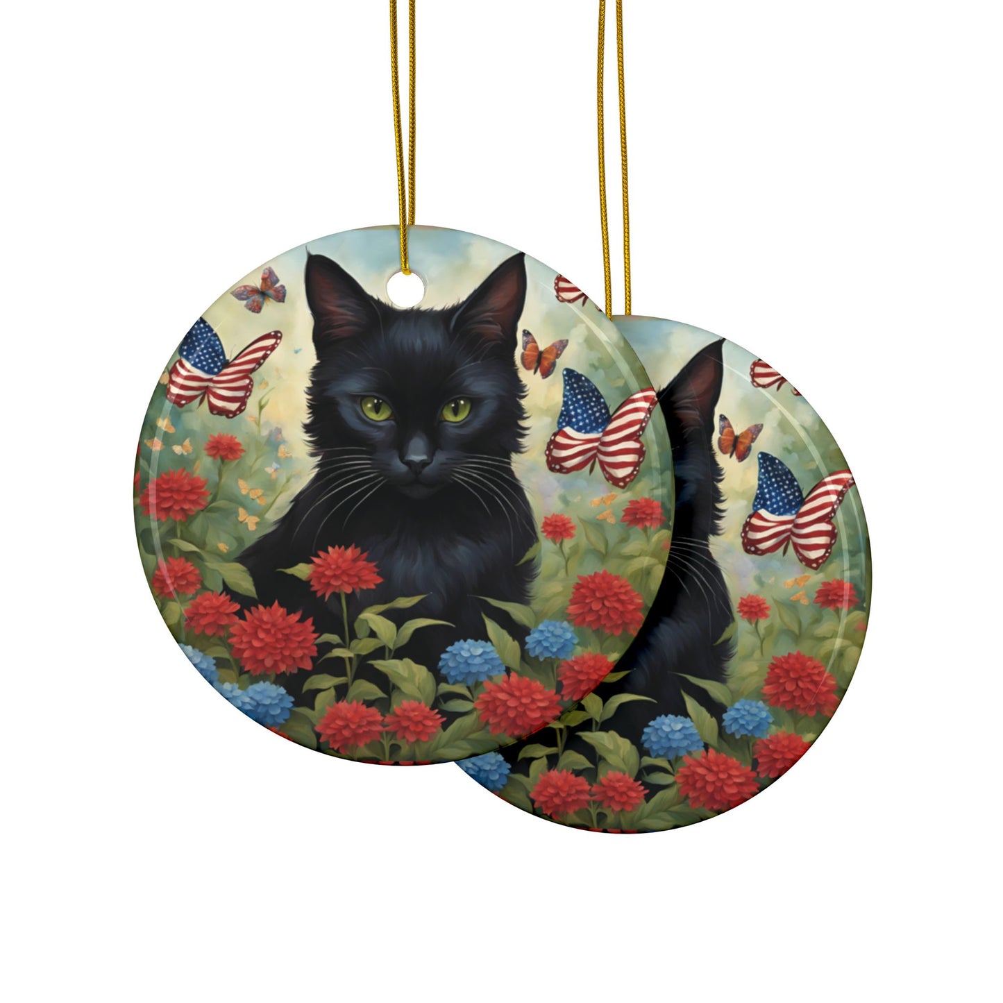 Black Cat Patriotic Ceramic Ornaments, 2-Sided Print, Holiday Decor, Gift for Cat Lovers, Memorial Decoration, Festive Home Accents
