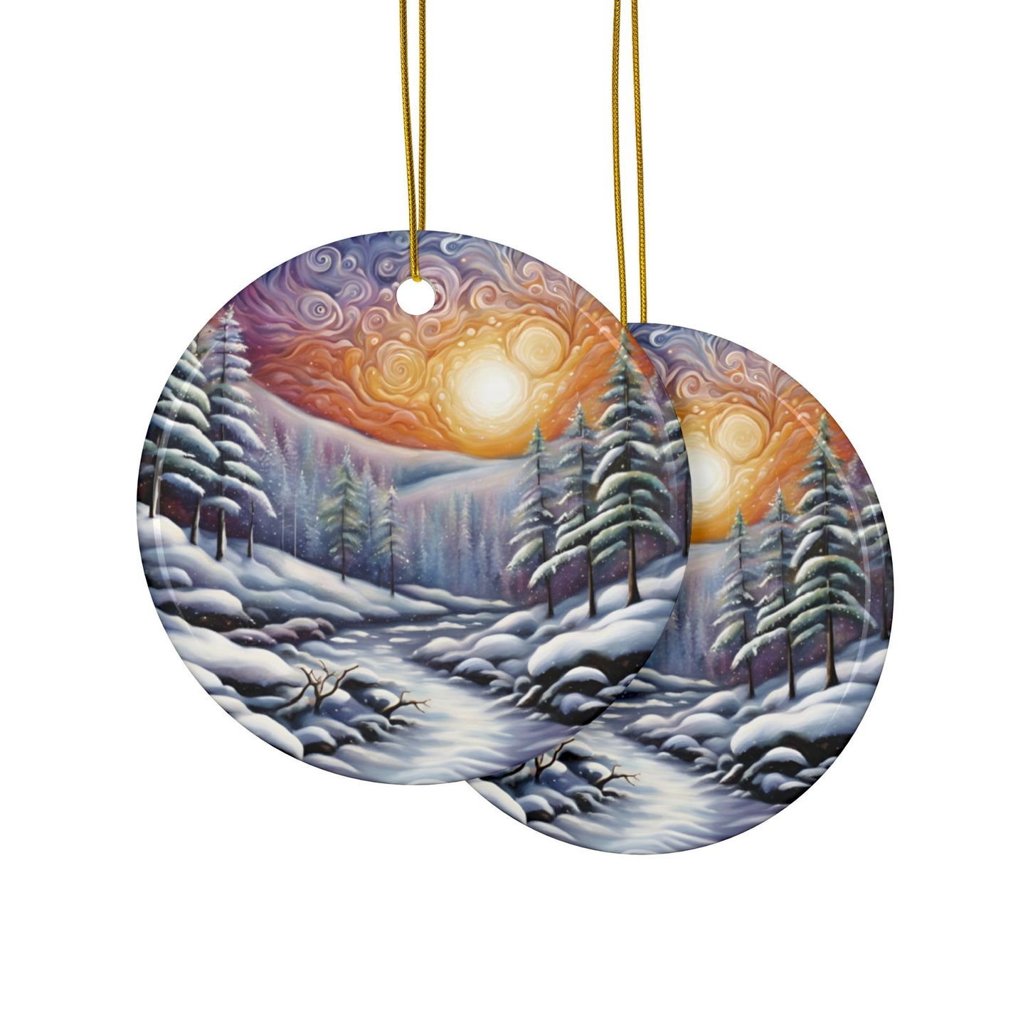 Winter Wonderland Ceramic Ornaments | Beautiful Painted Scene Two-Sided Decor for Christmas, Holiday Gifts, Tree Decorations - Divine Mystic Moons