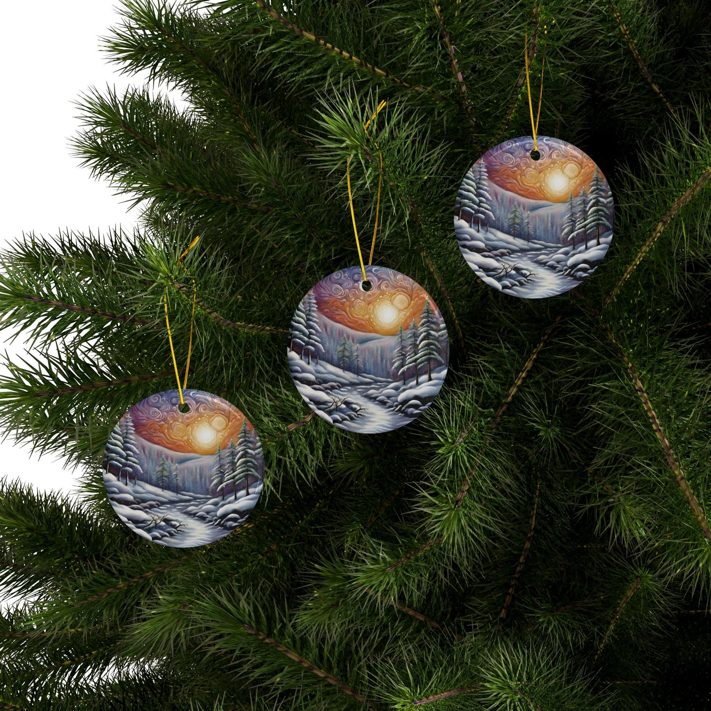 Winter Wonderland Ceramic Ornaments | Beautiful Painted Scene Two-Sided Decor for Christmas, Holiday Gifts, Tree Decorations - Divine Mystic Moons