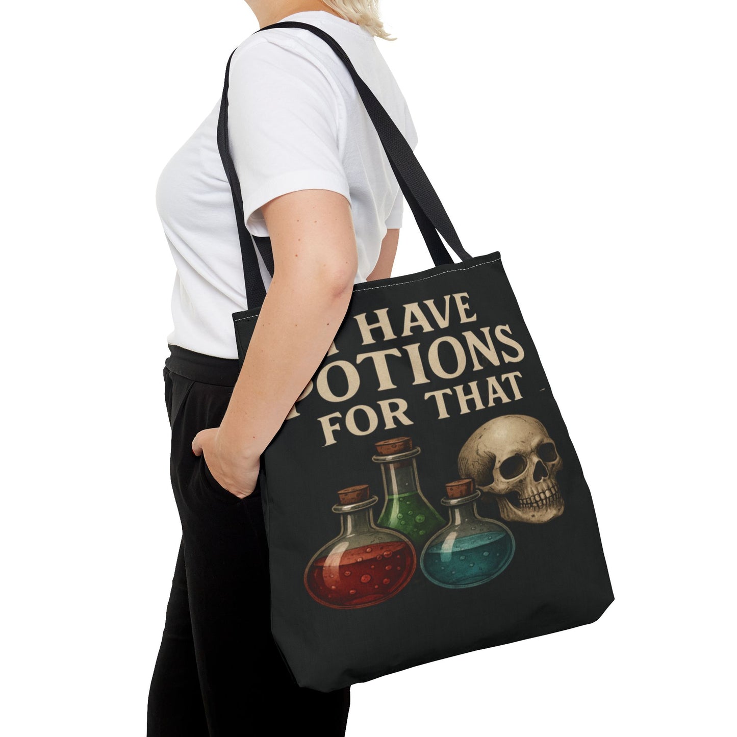 I Have Potions For That Witch Tote Bag Gothic Skull and Potion Bottle Purse, Spooky Witchy Market Bag, Halloween Pagan Gift - Divine Mystic Moons
