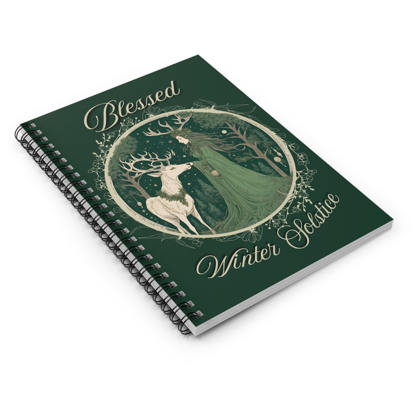 Blessed Winter Solstice Notebook – Yule Spiral Journal with Forest Goddess & Stag, Pagan Witch Sabbat Planner, Wiccan Grimoire Gift - Divine Mystic Moons