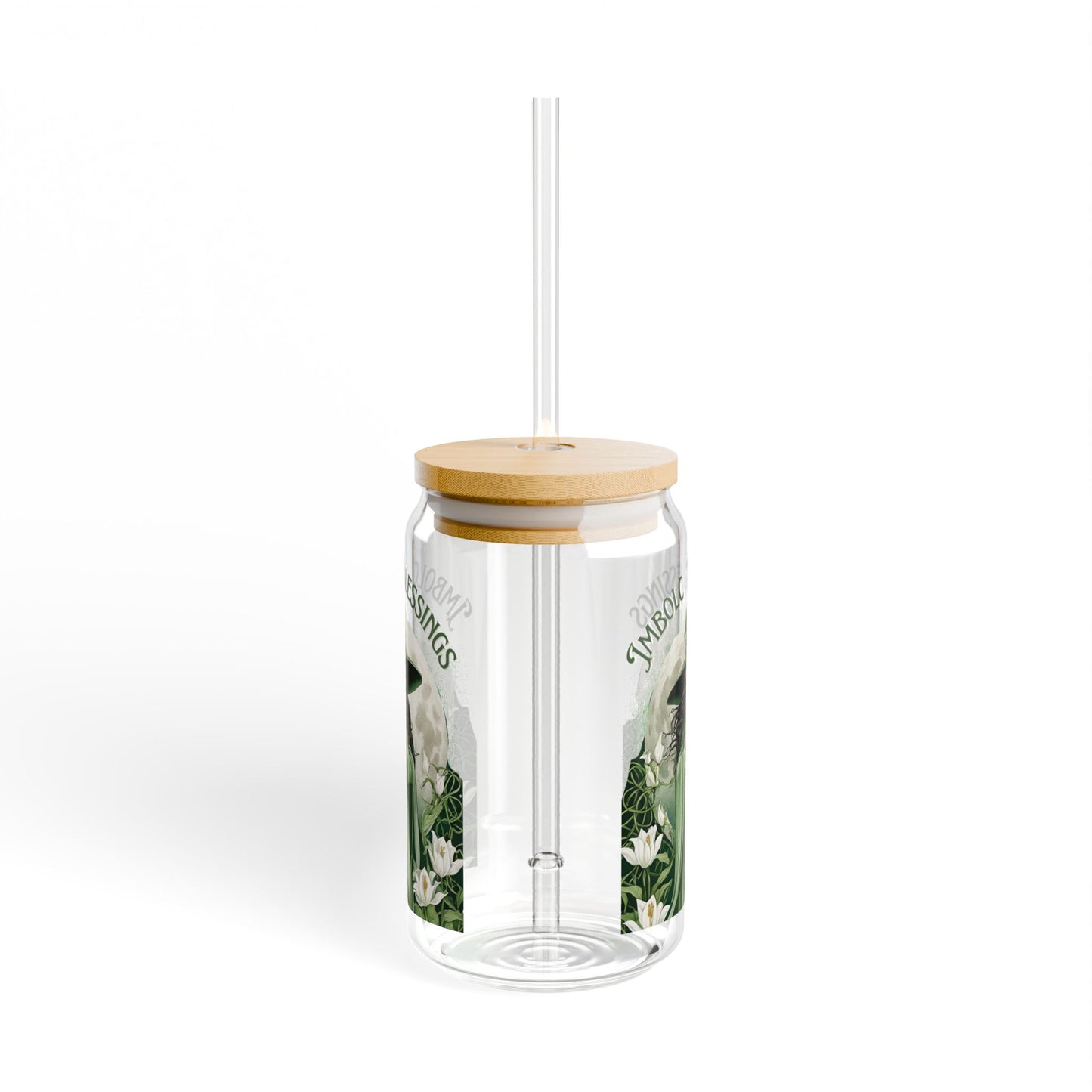 Imbolc Blessings Witchy Glass Cup – 16oz Tumbler with Bamboo Lid & Glass Straw Wheel of the Year Drinkware, Perfect for Pagans Wiccans Green Witch