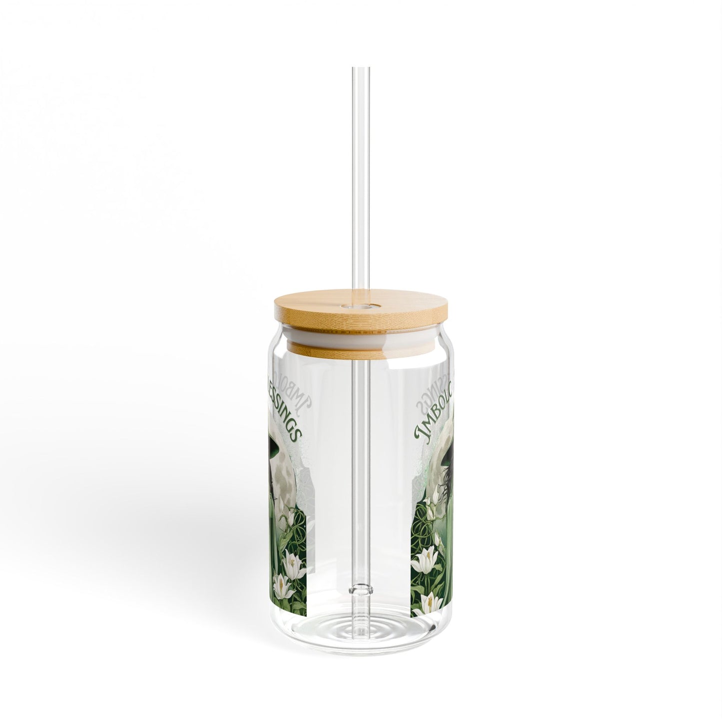 Imbolc Blessings Witchy Glass Cup – 16oz Tumbler with Bamboo Lid & Glass Straw Wheel of the Year Drinkware, Perfect for Pagans Wiccans Green Witch