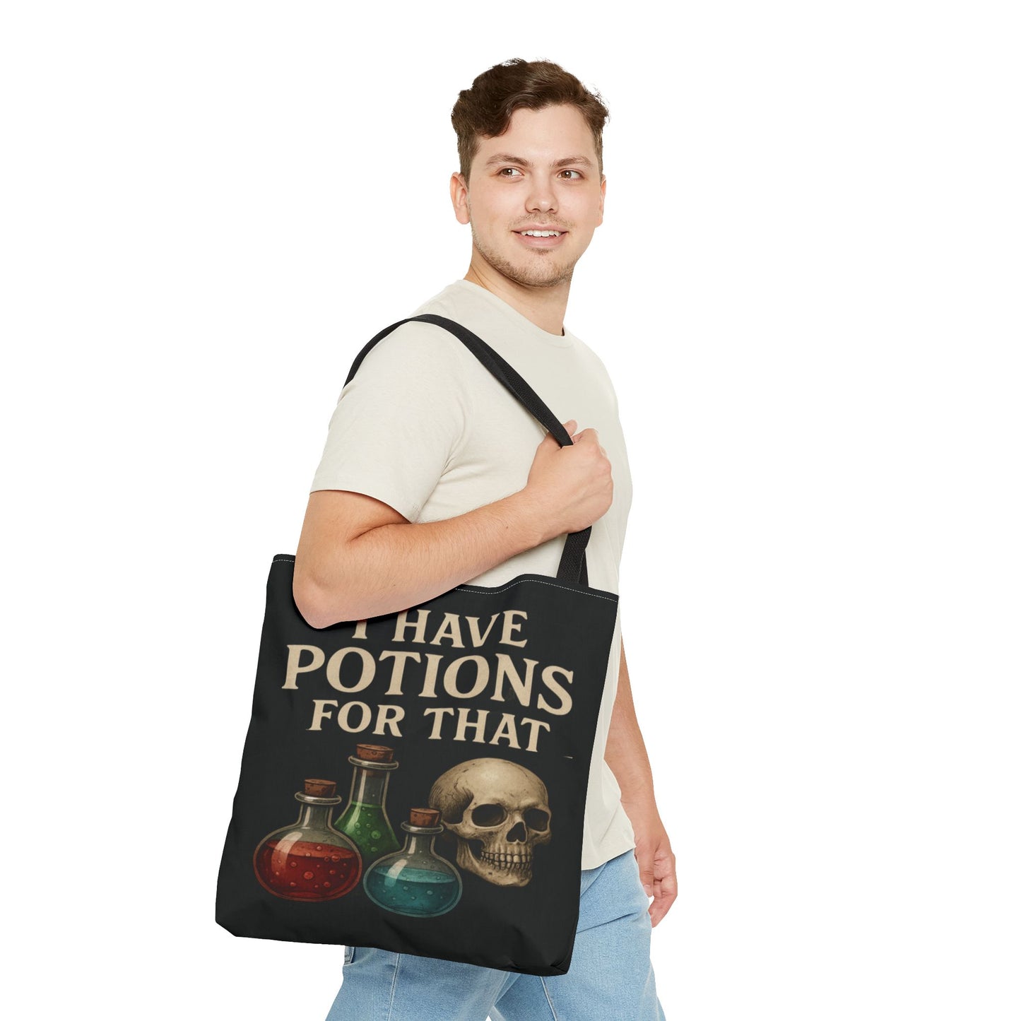 I Have Potions For That Witch Tote Bag Gothic Skull and Potion Bottle Purse, Spooky Witchy Market Bag, Halloween Pagan Gift - Divine Mystic Moons