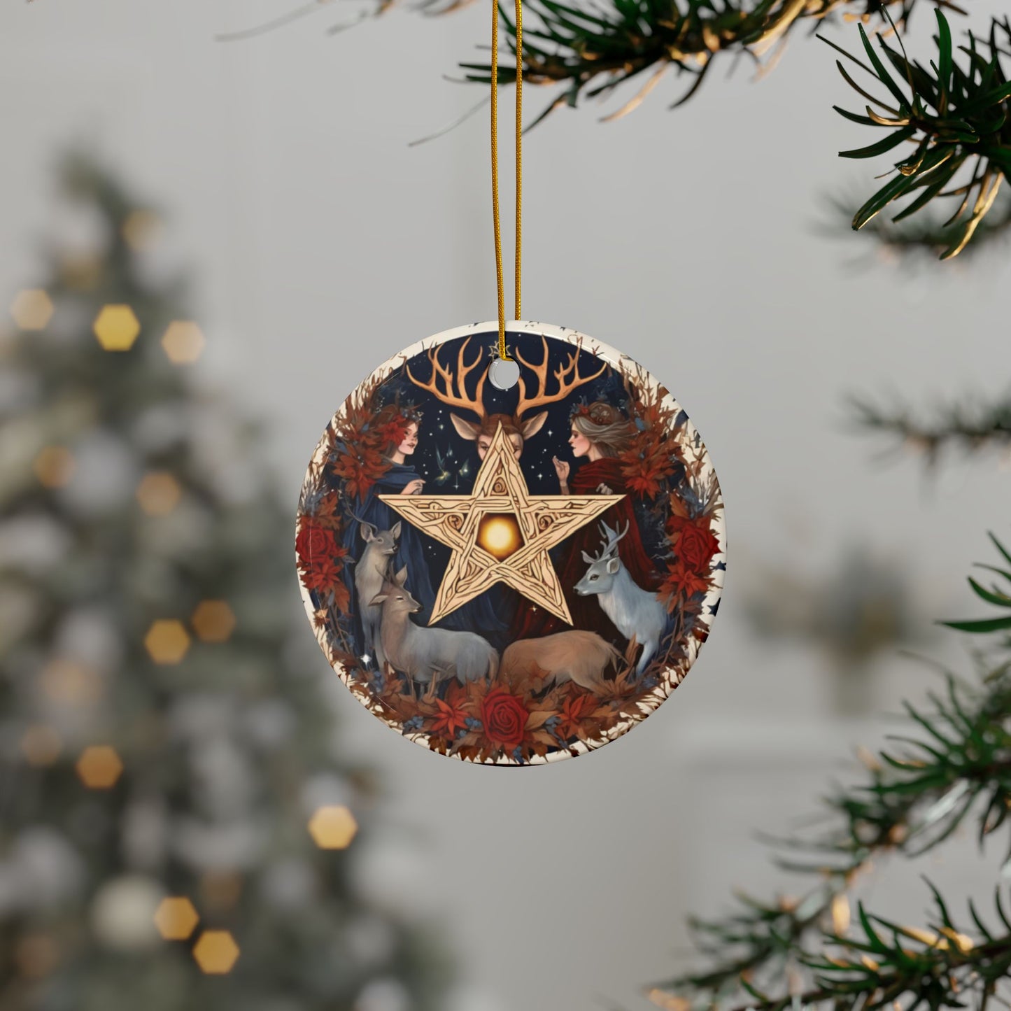 Golden Pentagram & Autumn Woodland Gathering Ornament