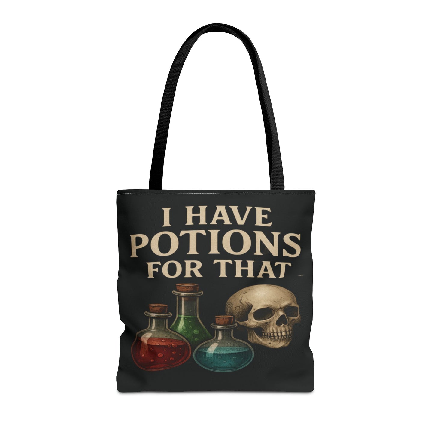 I Have Potions For That Witch Tote Bag Gothic Skull and Potion Bottle Purse, Spooky Witchy Market Bag, Halloween Pagan Gift - Divine Mystic Moons