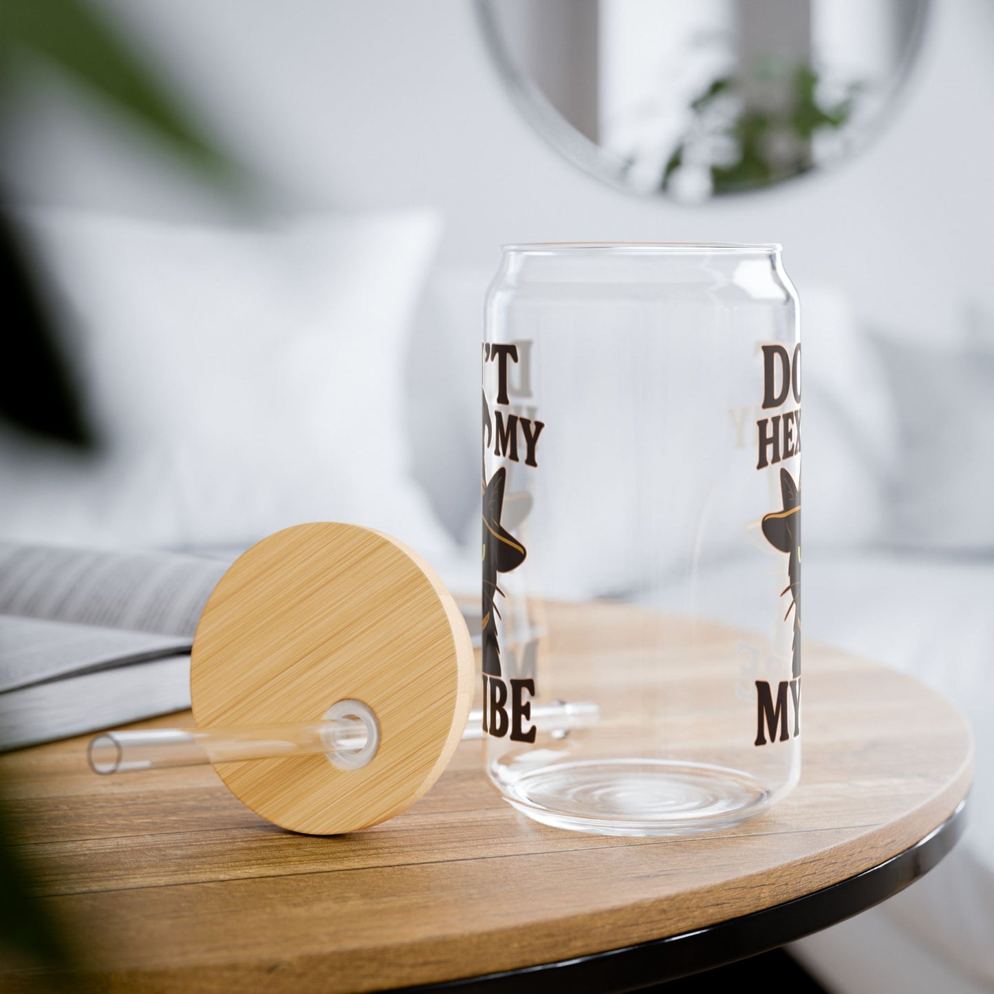 Dont Hex My Vibe Glass Tumbler 16oz Witchy Cat Iced Coffee Cup with Bamboo Lid & Straw, Funny Goth Drinkware, Halloween Sassy Gift - Divine Mystic Moons