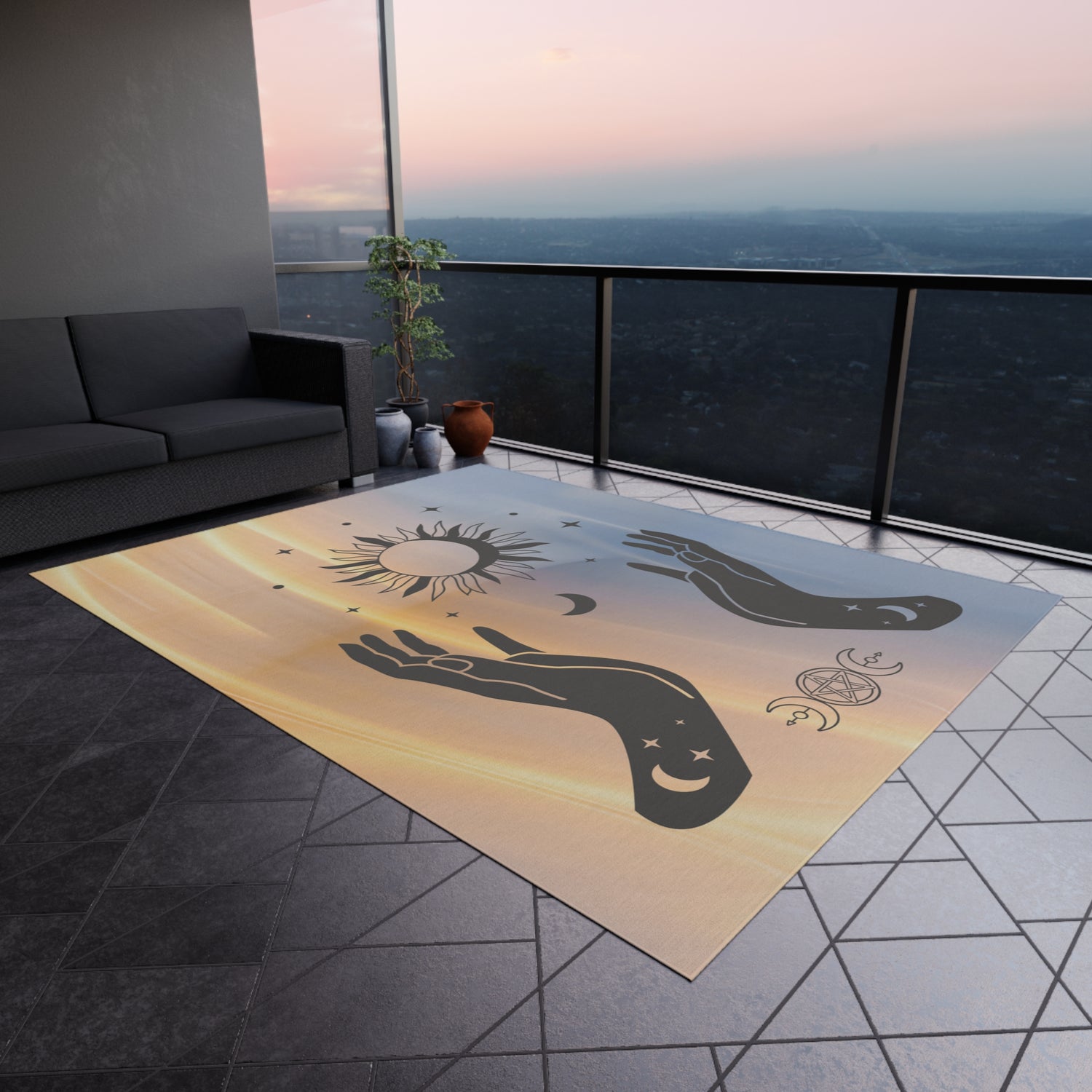 Witch Hands Outdoor Rug, Celestial Stars Design, Soft Blue and Yellow Rug, Mystical and Magical Decor, Witchy Outdoor Mat, Celestial Witch - Divine Mystic Moons