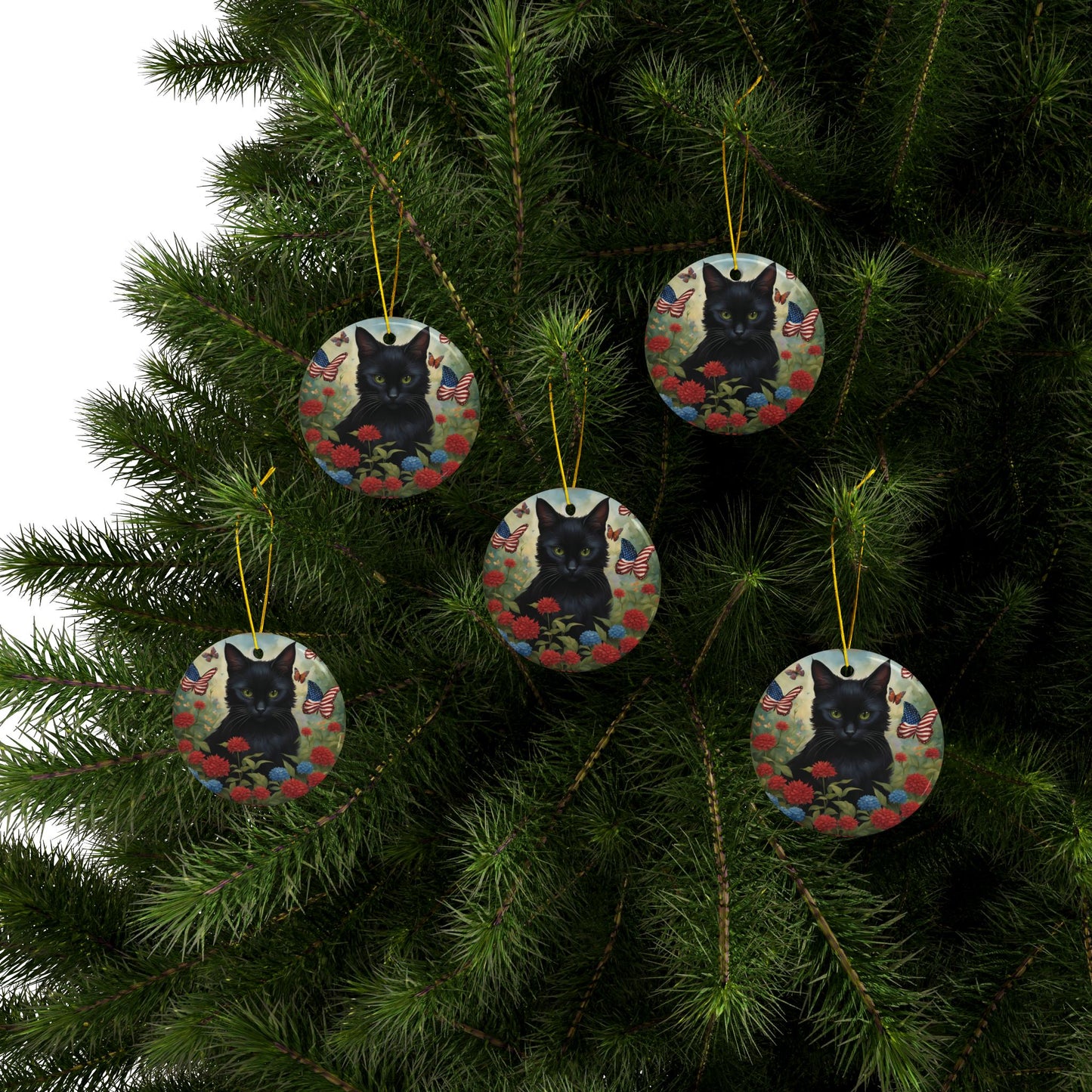 Black Cat Patriotic Ceramic Ornaments, 2-Sided Print, Holiday Decor, Gift for Cat Lovers, Memorial Decoration, Festive Home Accents