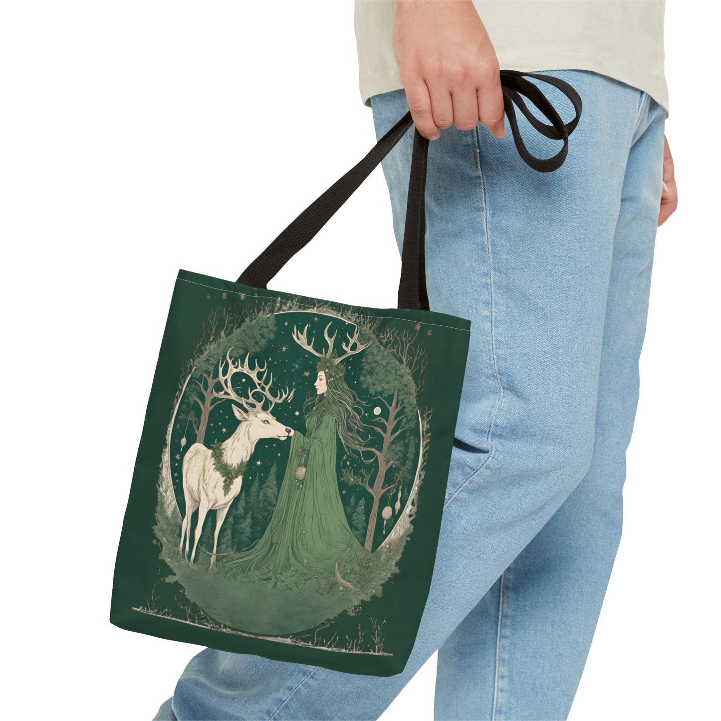 Yuletide Green Witch Tote Bag - Earthly Design, Eco-Friendly Grocery Bag, Reusable Shopping Tote, Nature Lover Gift, Eco Tote, Elemental - Divine Mystic Moons