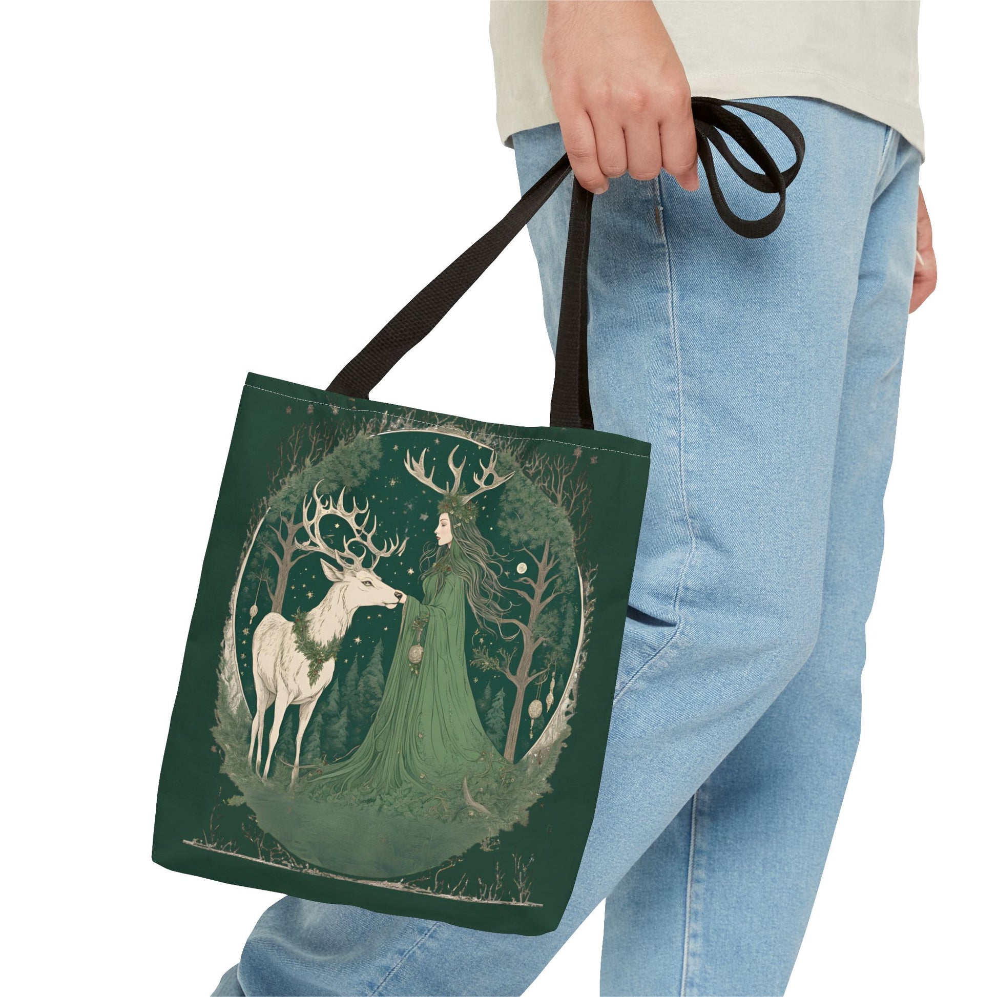 Yuletide Green Witch Tote Bag - Earthly Design, Eco-Friendly Grocery Bag, Reusable Shopping Tote, Nature Lover Gift, Eco Tote, Elemental - Divine Mystic Moons