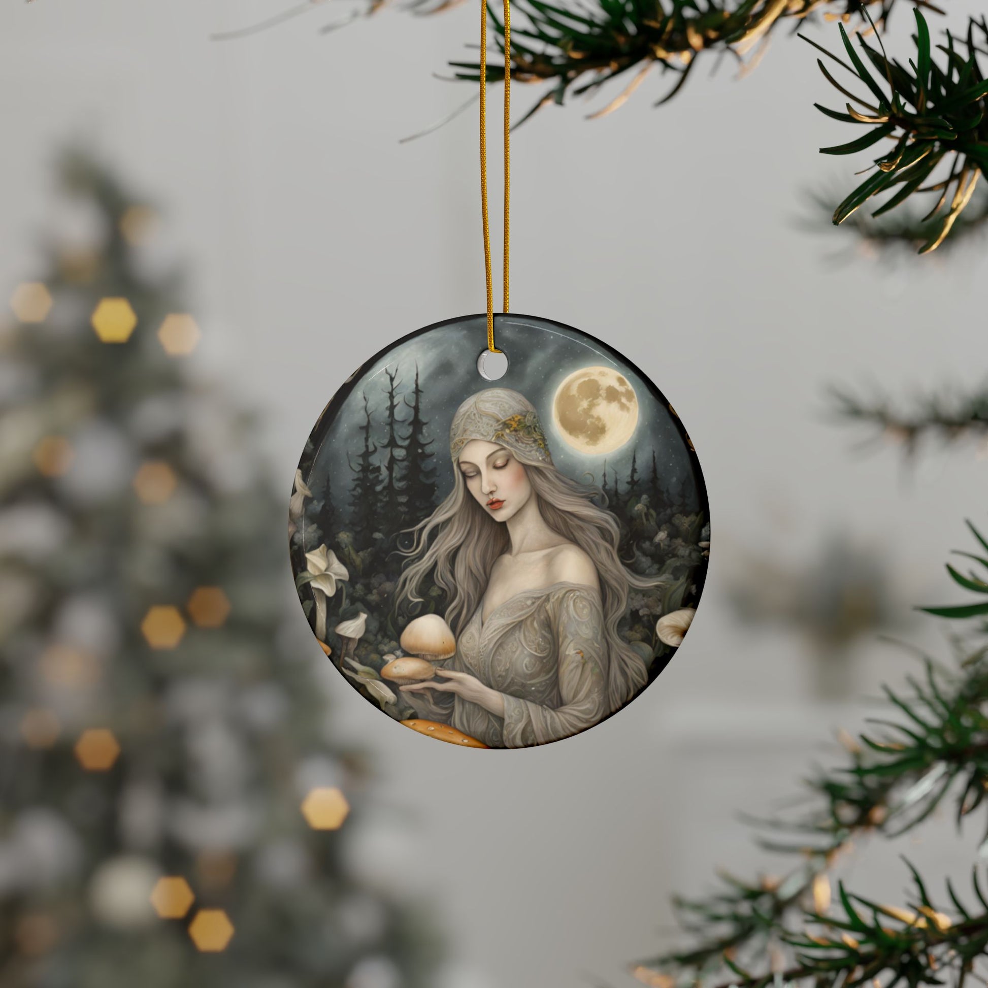 Ethereal Moon Goddess 2 sided Ceramic Ornament Mystical Mushroom Forest Print Pagan Deity Witchy Woodland Sacred Feminine Divine - Divine Mystic Moons