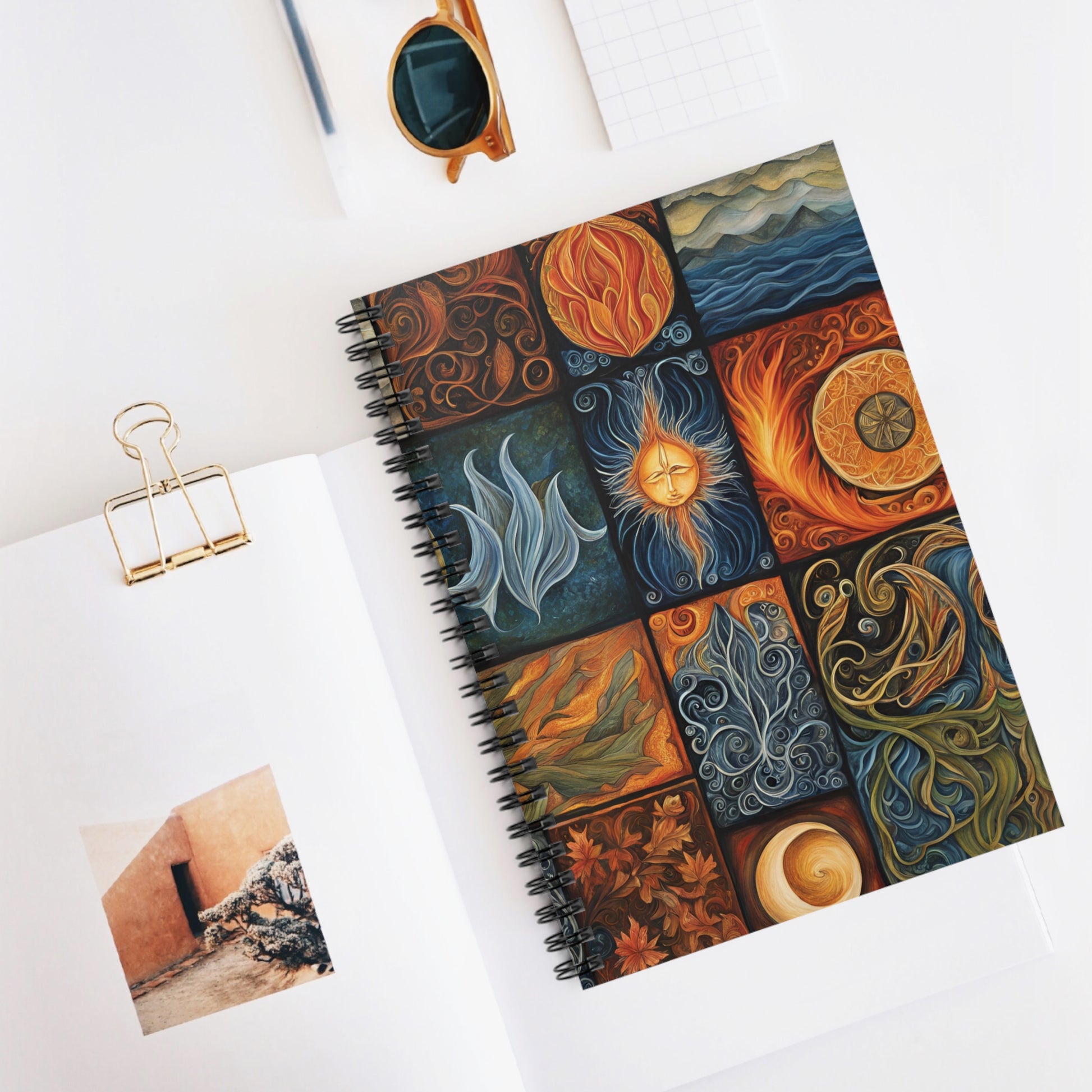 Four Elements Notebook – Earth Air Fire Water Spiral Journal, Elemental Witch Grimoire, Pagan Spellbook, Mystical Nature Sketchpad - Divine Mystic Moons