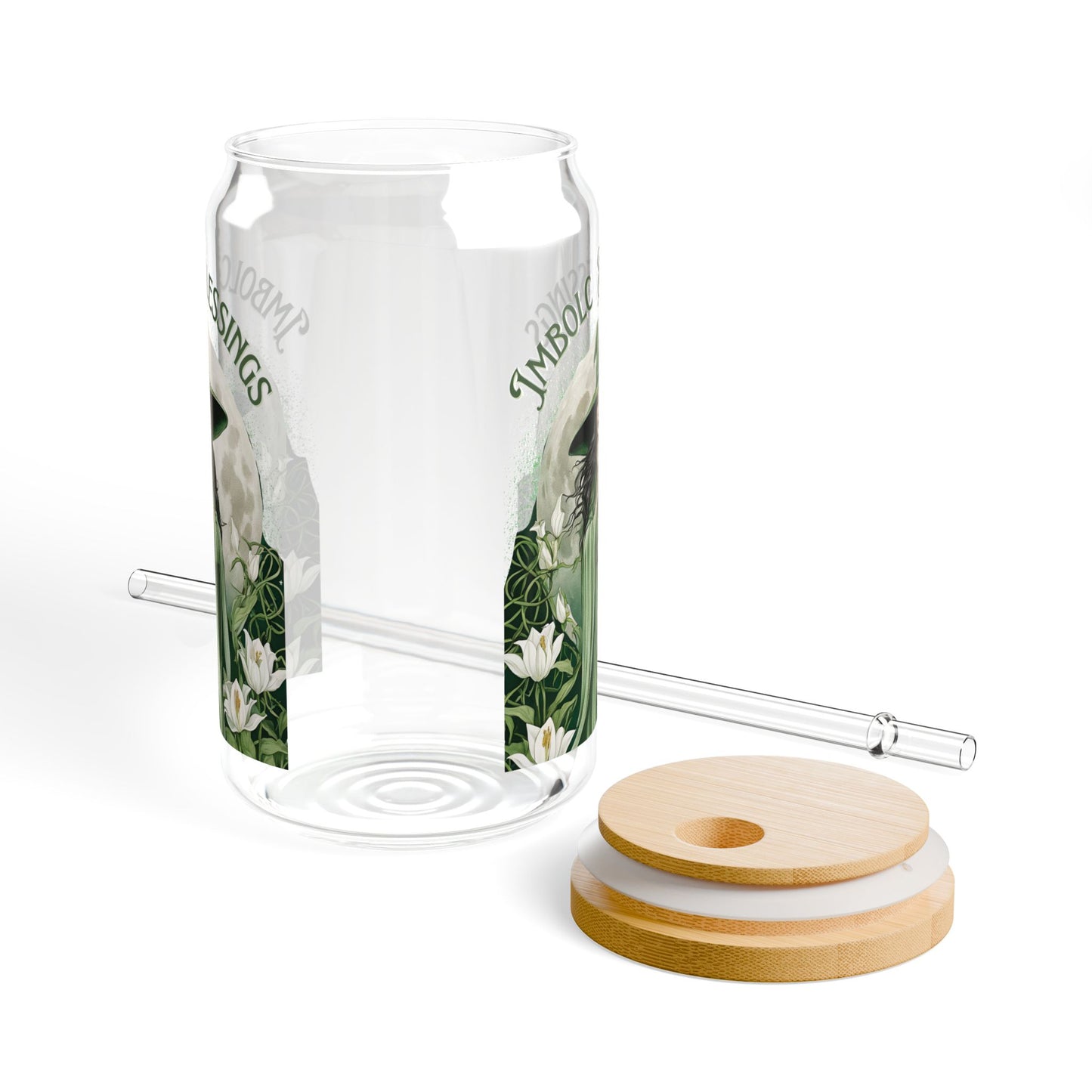 Witchy Imbolc Sipper Glass 16oz - Botanical Blessings, Wheel of the Year Drinkware, Perfect for Pagans Wiccans Green Witch - Divine Mystic Moons