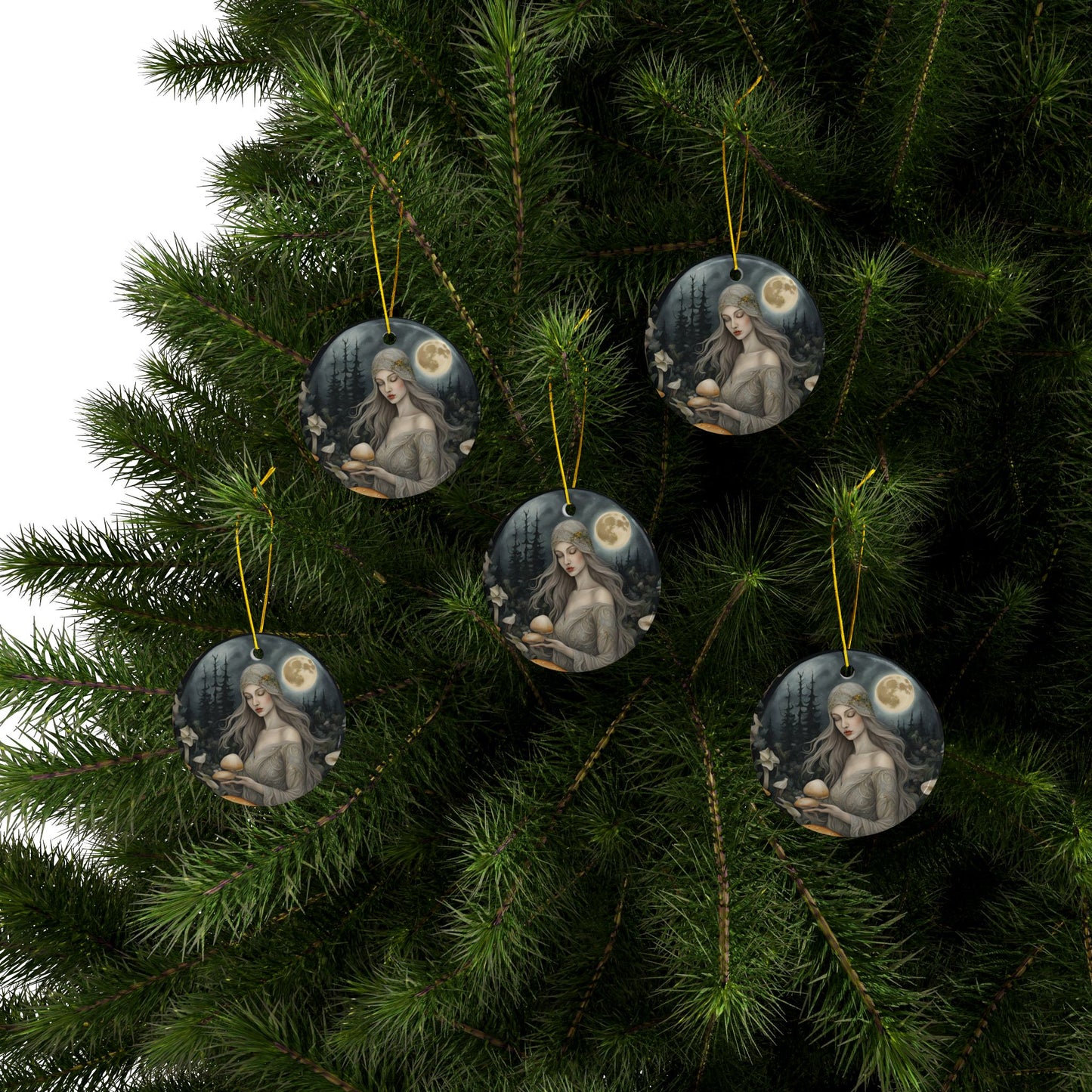 Ethereal Moon Goddess 2 sided Ceramic Ornament Mystical Mushroom Forest Print Pagan Deity Witchy Woodland Sacred Feminine Divine - Divine Mystic Moons