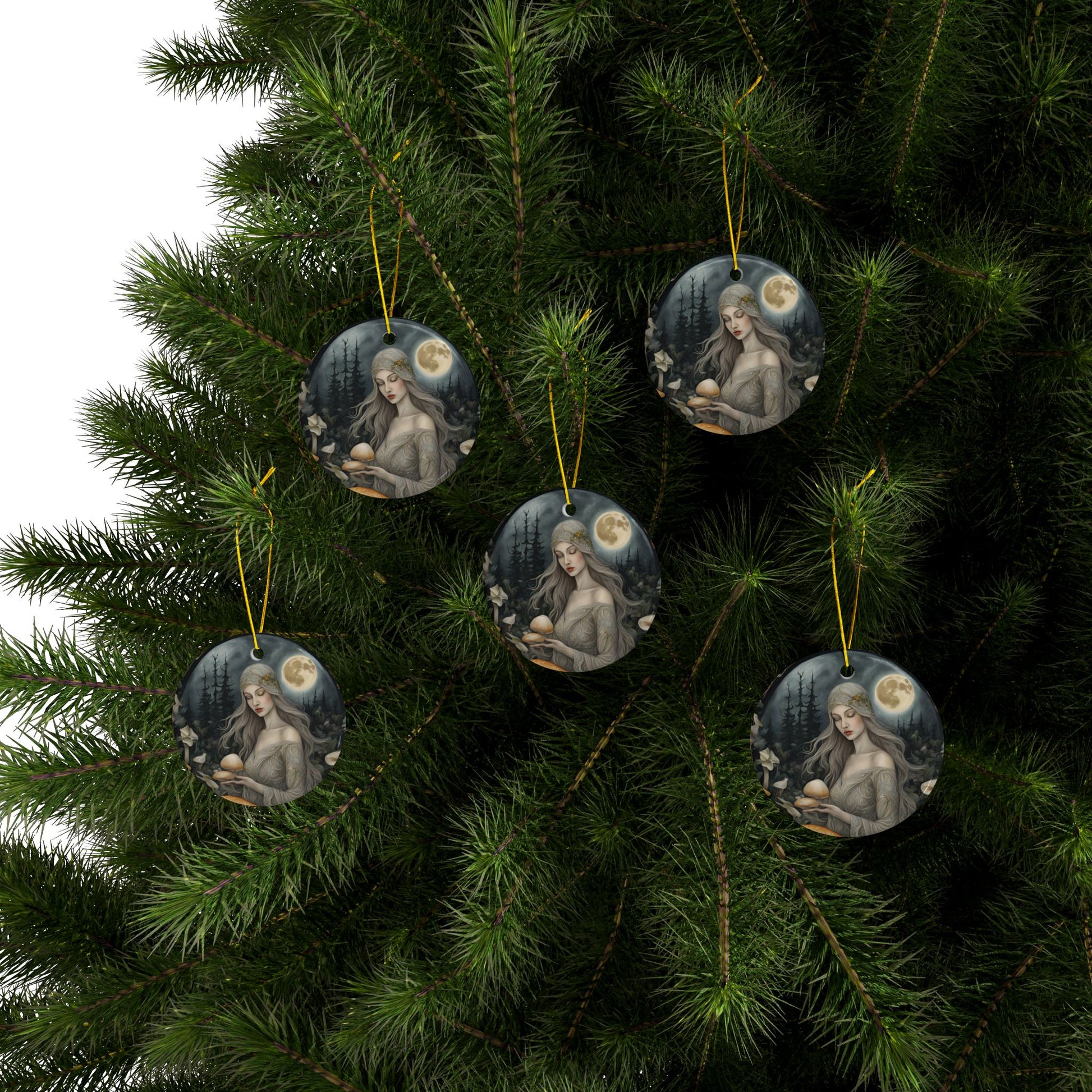 Ethereal Moon Goddess 2 sided Ceramic Ornament Mystical Mushroom Forest Print Pagan Deity Witchy Woodland Sacred Feminine Divine - Divine Mystic Moons