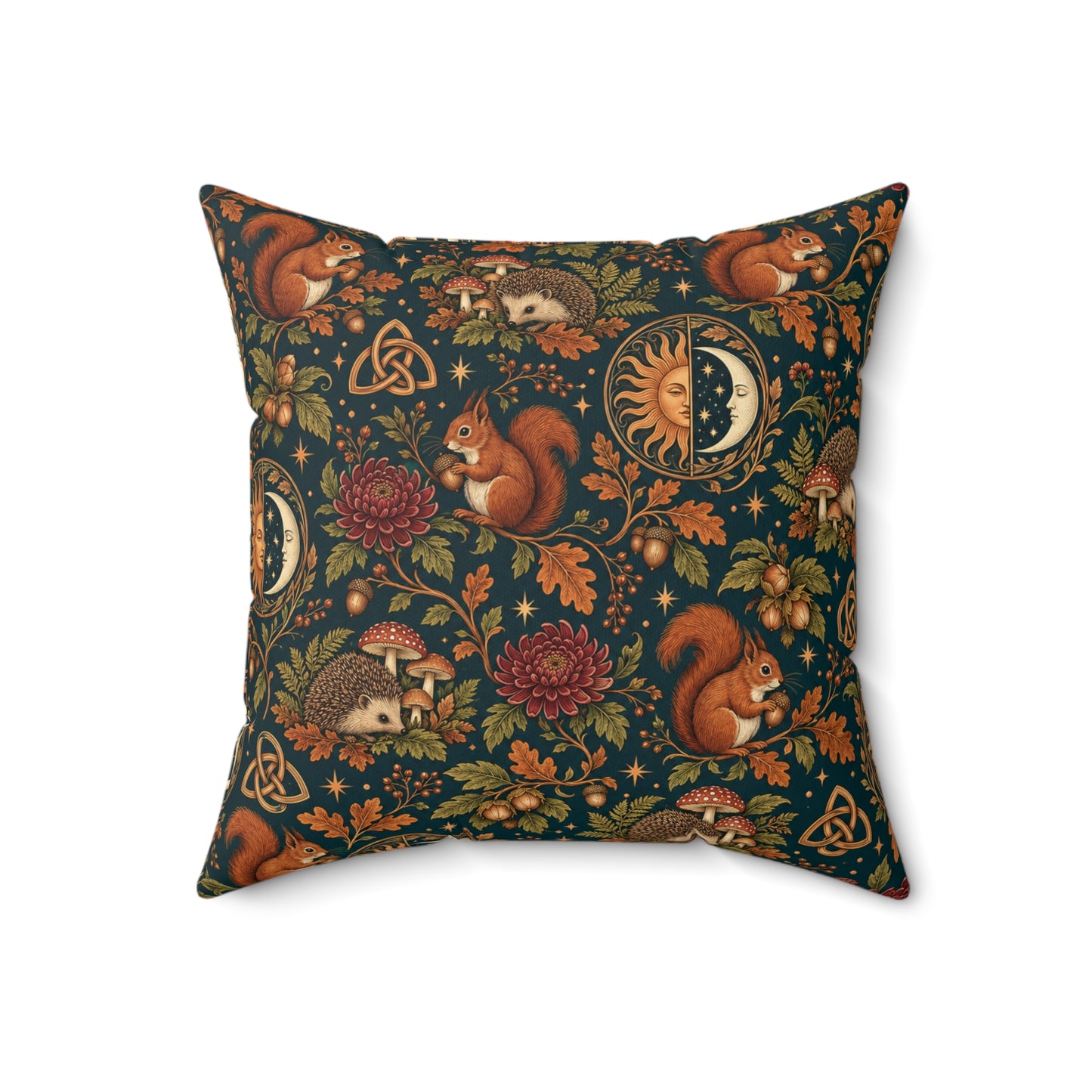 Mabon Squirrel & Hedgehog Faux Suede Pillow – Autumn Woodland Sun & Moon Decor - Divine Mystic Moons
