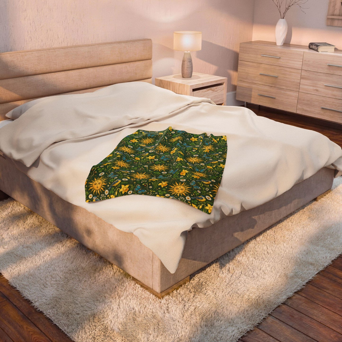 Ostara Sun & Daffodil Velveteen Plush Blanket – Lightweight Green Witch Spring Throw