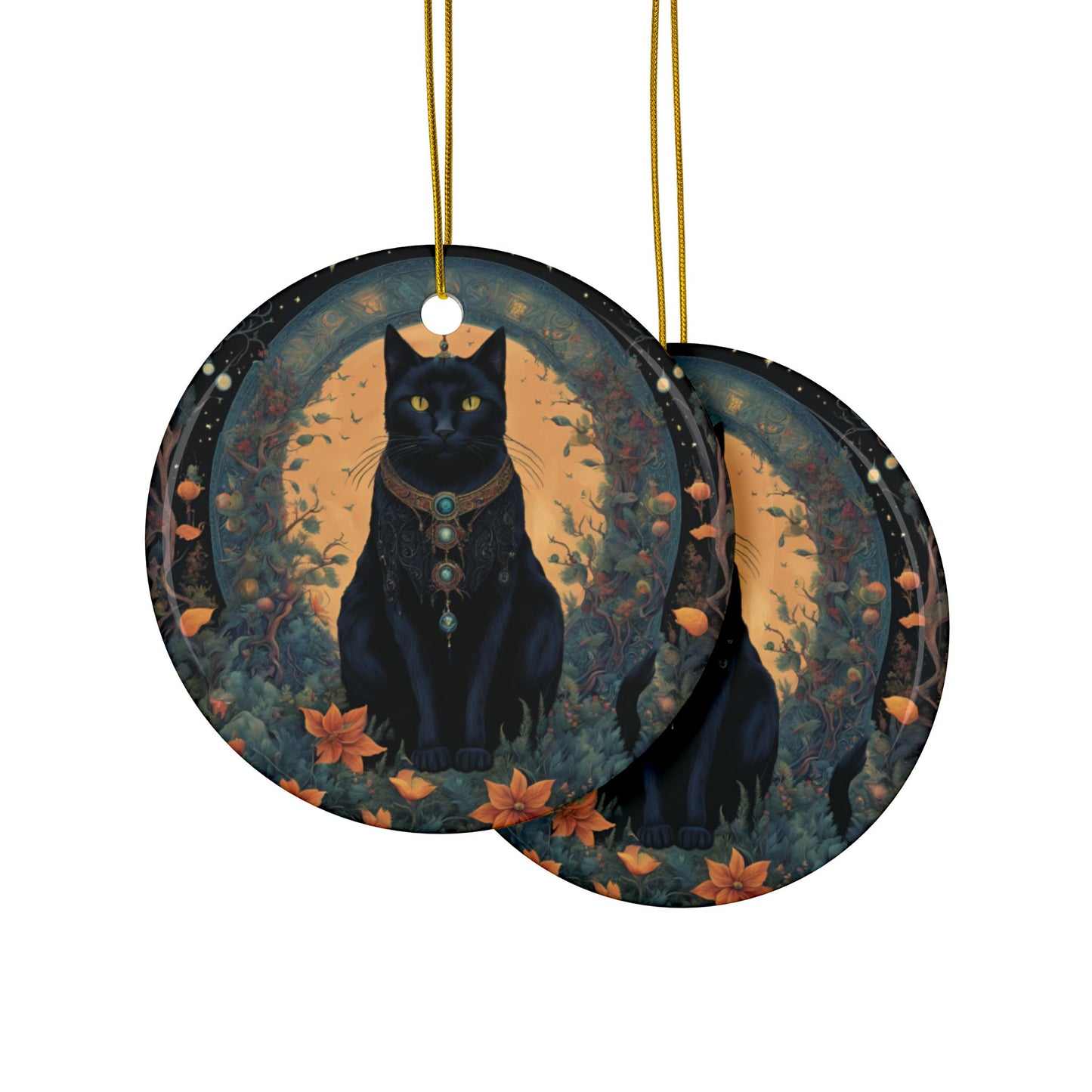 Jeweled Black Cat & Autumn Botanical Ornament